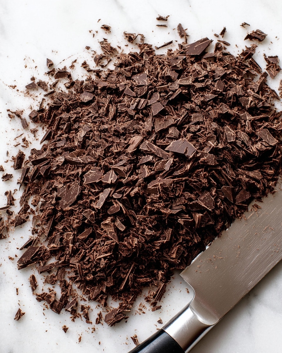 The image shows a pile of finely chopped dark chocolate pieces spread unevenly on a white marbled surface. The chocolate pieces vary in size and texture, from small granular bits to larger flat shards with rough edges. On the right side of the pile, there is a large metal knife with a black handle laying flat on the surface, partially covered by some chocolate crumbs. The overall color theme is dark brown from the chocolate against the clean white marbled background. Photo taken with an iphone --ar 4:5 --v 7
