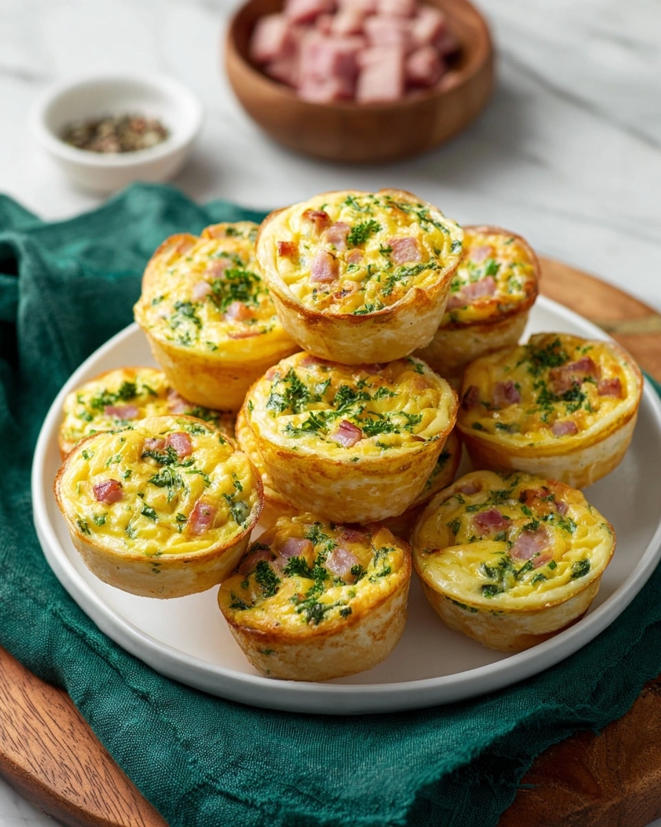 Two metal muffin trays filled with small egg muffins are inside the oven. Each tray has 12 round cups, with 9 cups filled on the left tray and 4 cups filled on the right tray. The egg muffins are yellow with visible bits of green herbs and small pieces of pink ham mixed throughout, with a slightly golden top texture. The trays rest on metal oven racks, and the background is a white marbled texture. photo taken with an iphone --ar 4:5 --v 7