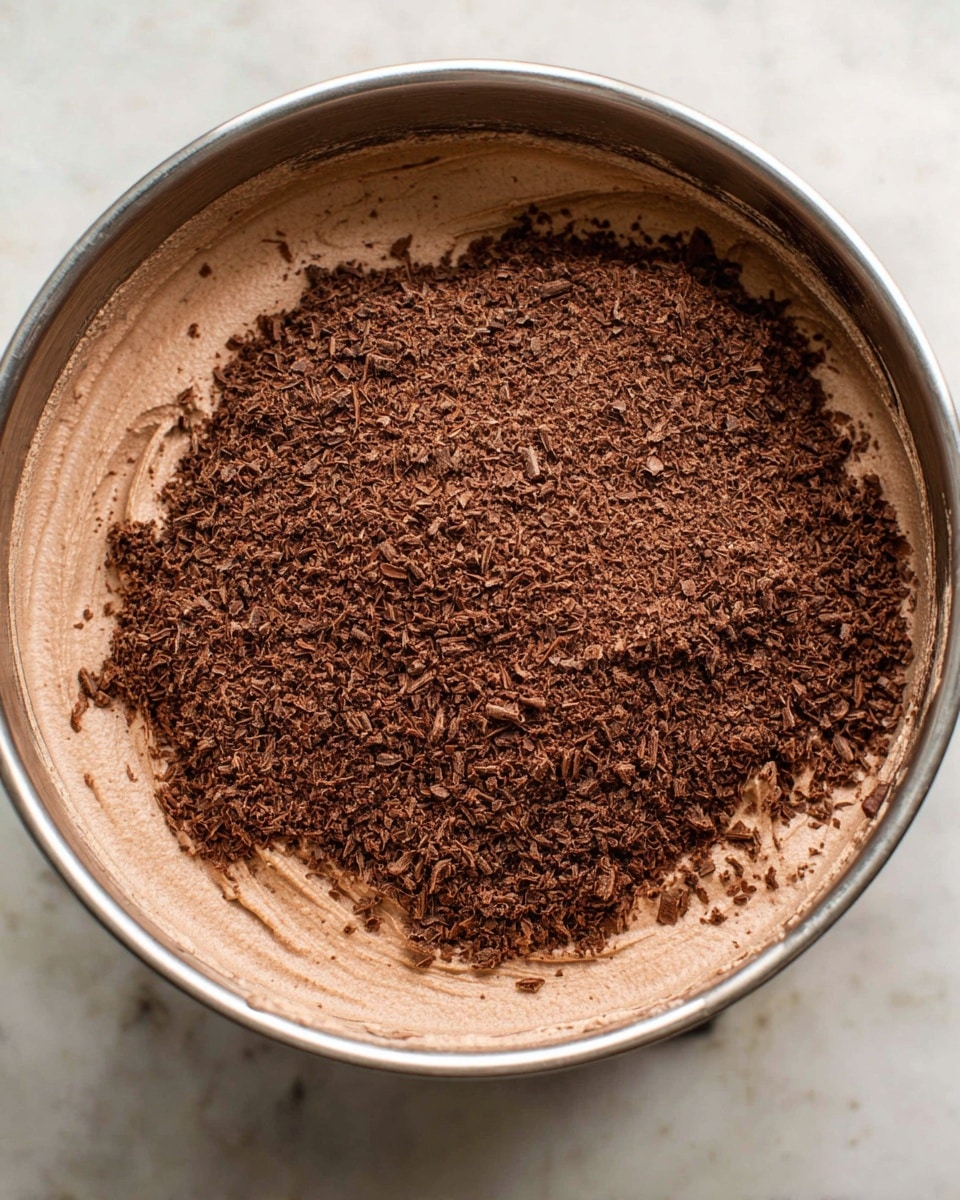 A close-up image of a large silver mixing bowl filled with a thick, creamy chocolate mousse layer that is a light brown color with a smooth, airy texture. On top, there is a thick layer of finely grated dark chocolate shavings covering the mousse almost completely, adding a rough texture and darker brown color contrast. The bowl sits on a white marbled surface, and the mousse edges show slight swirls where it has been mixed. Photo taken with an iphone --ar 4:5 --v 7