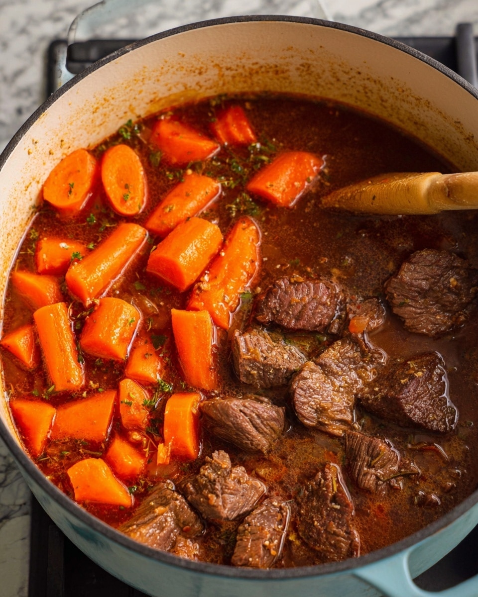 A light blue pot filled with a rich brown stew has two main visible layers: on the left side, thick chunks of browned beef with a slight sear texture sit immersed in the liquid, while on the right, large, bright orange carrot pieces float on top, cut into thick round and block shapes. The broth is a dark reddish-brown with some herbs and small bits visible, creating a slightly speckled look. A wooden spoon handle is partially visible on the right edge, resting against the pot’s white interior. The pot is placed on a stove with a white marbled surface in the background. photo taken with an iphone --ar 4:5 --v 7
