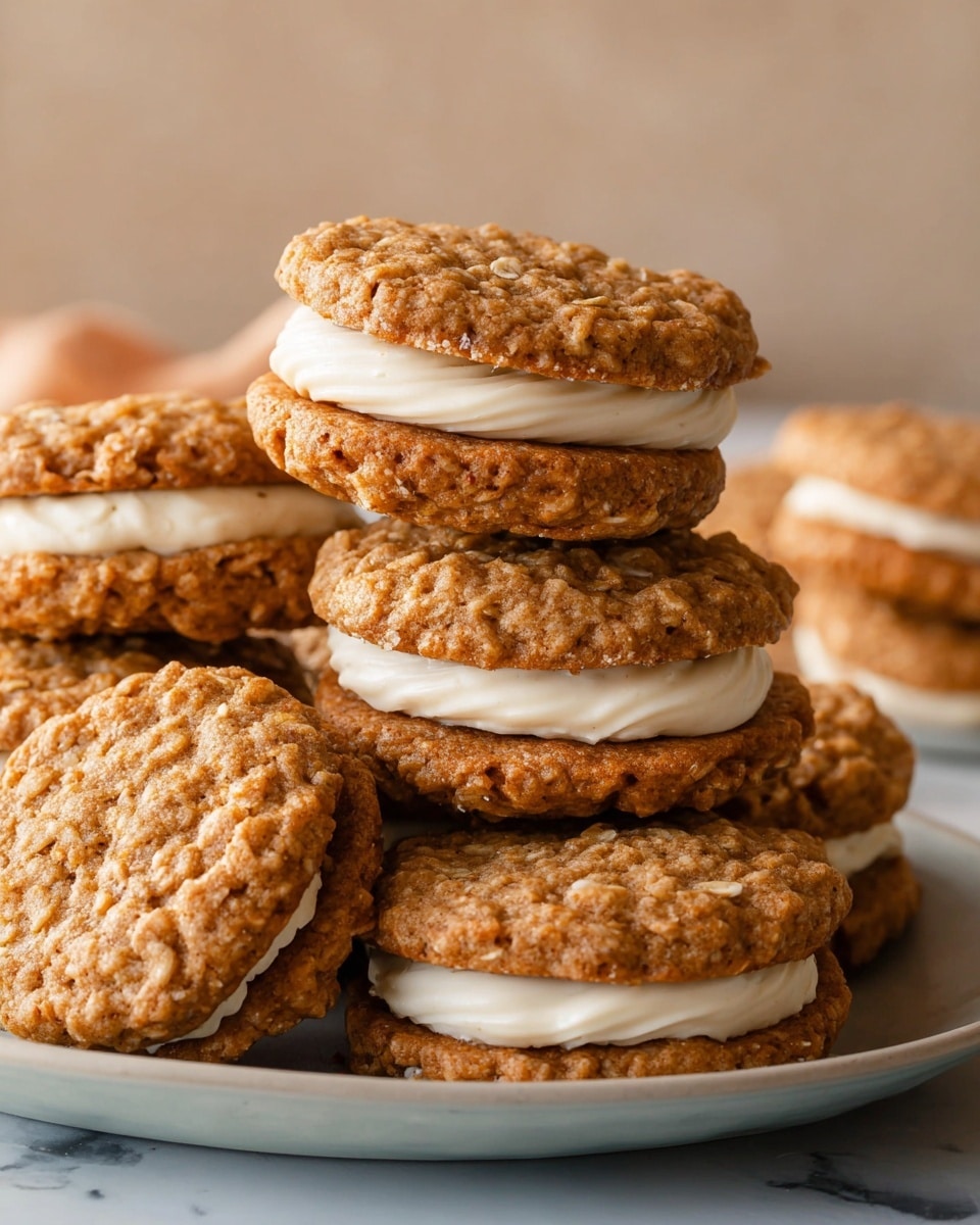 A stack of oatmeal sandwich cookies is shown on a white plate, each cookie having two rough-textured, light brown, oatmeal-filled layers with a smooth, thick layer of creamy white filling in the middle. The cookies have a slightly uneven, rustic surface with bits of oats visible. Some cookies lean against each other in a casual pile, giving a soft, cozy feel. The background is a soft, out-of-focus, neutral color sitting on a white marbled texture. photo taken with an iphone --ar 4:5 --v 7