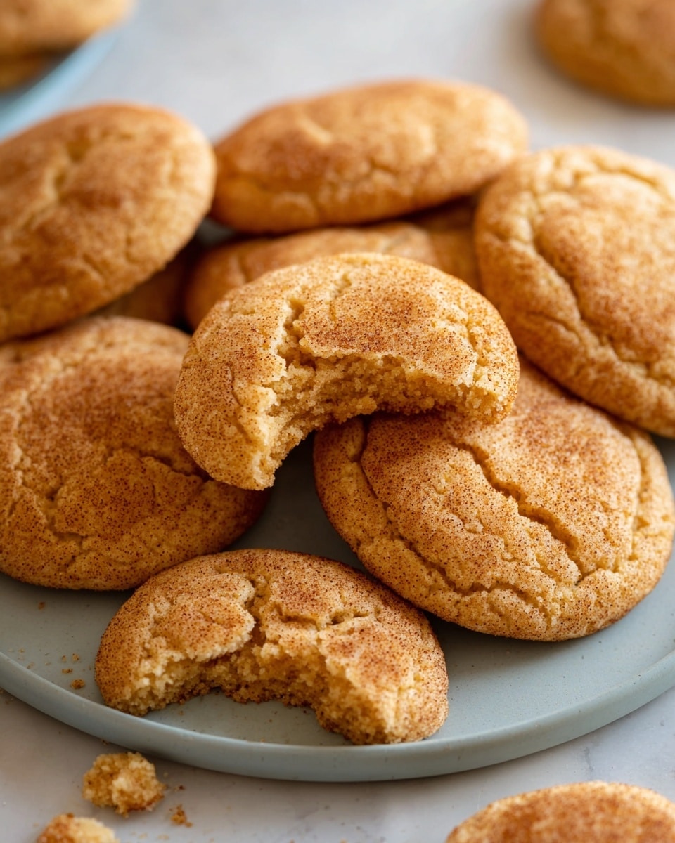 A close-up view of a round plate filled with soft, golden-brown cookies arranged in layers, each cookie showing a cracked, slightly rough texture and a light cinnamon color. One cookie at the front is broken into pieces, showing the inside crumbly texture, and a few small crumbs are scattered nearby. The plate is white, set on a bright white marbled surface, highlighting the warm color of the cookies. photo taken with an iphone --ar 4:5 --v 7