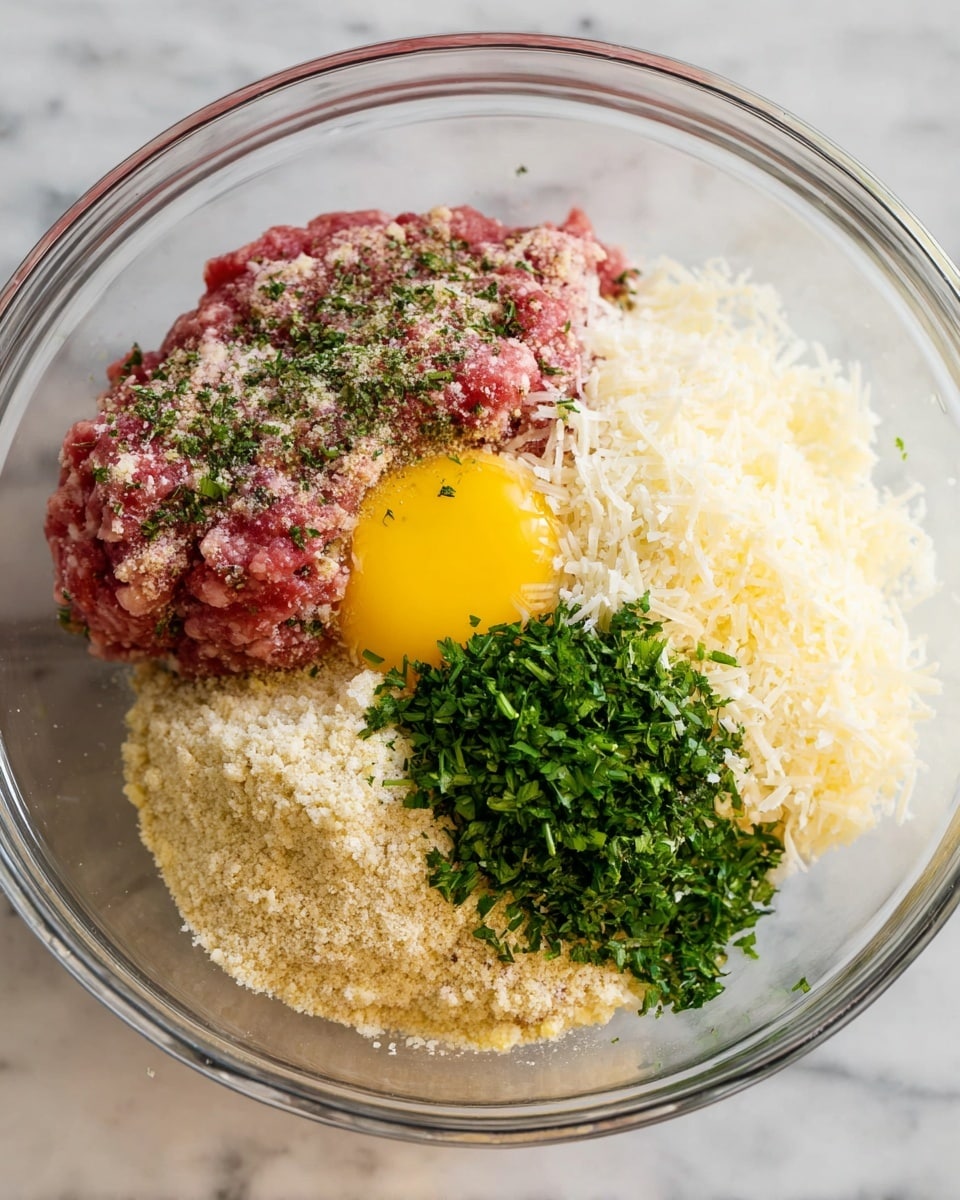 A clear glass bowl shows six layers of ingredients, placed side by side but not mixed yet. The bottom left holds a bright yellow raw egg yolk with a bit of egg white. To the right of the egg is a pile of finely shredded white cheese with a soft texture. Above the cheese is a heap of light beige bread crumbs with a crumbly look. On the top left is raw ground meat with a pink and red color and sprinkled with green dried herbs. In the center is a small pile of fresh chopped green parsley, fresh and leafy. The bowl sits on a white marbled surface. Photo taken with an iphone --ar 4:5 --v 7