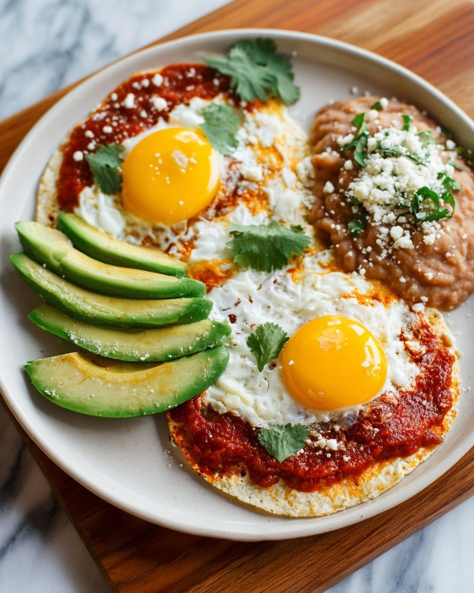 The dish shows a white plate on a white marbled surface with two layers: the bottom layer is a yellow corn tortilla with a rough texture, topped with a red salsa sauce full of small visible tomato and pepper bits, covering most of the tortilla except some edges. On top of the salsa is a fried egg with a bright yellow runny yolk spilling onto the tortilla, surrounded by white cooked egg whites that have slightly crispy edges. To one side of the egg are three slices of light green avocado with smooth texture. Small crumbles of white cheese and fresh cilantro leaves are scattered over the egg and salsa, adding texture and color contrast. The plate has a green cloth nearby and some fresh cilantro sprigs on the rim. photo taken with an iphone --ar 4:5 --v 7