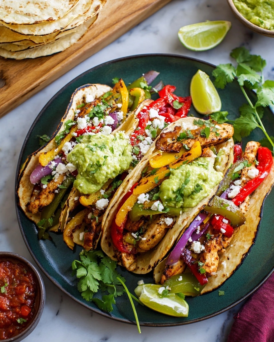 The dish is served in a black cast iron skillet placed on a white marbled surface. Inside, there are three main layers: on the right, a pile of grilled sliced chicken with a golden brown and slightly charred texture, sprinkled with chopped green herbs; in the center bottom, bright green avocado slices neatly layered in a fan shape; on the left, sautéed bell peppers in red, yellow, and green mixed with red onion strips, all cooked and glossy, also garnished with green herbs. On top of the skillet, lime wedges add a fresh green accent. Around the skillet, there is a stack of soft tortillas on the left, a small white bowl filled with red salsa on the bottom right, and lime wedges in a wooden bowl further to the right. A gray and white striped cloth is partly beneath the skillet handle. photo taken with an iphone --ar 4:5 --v 7