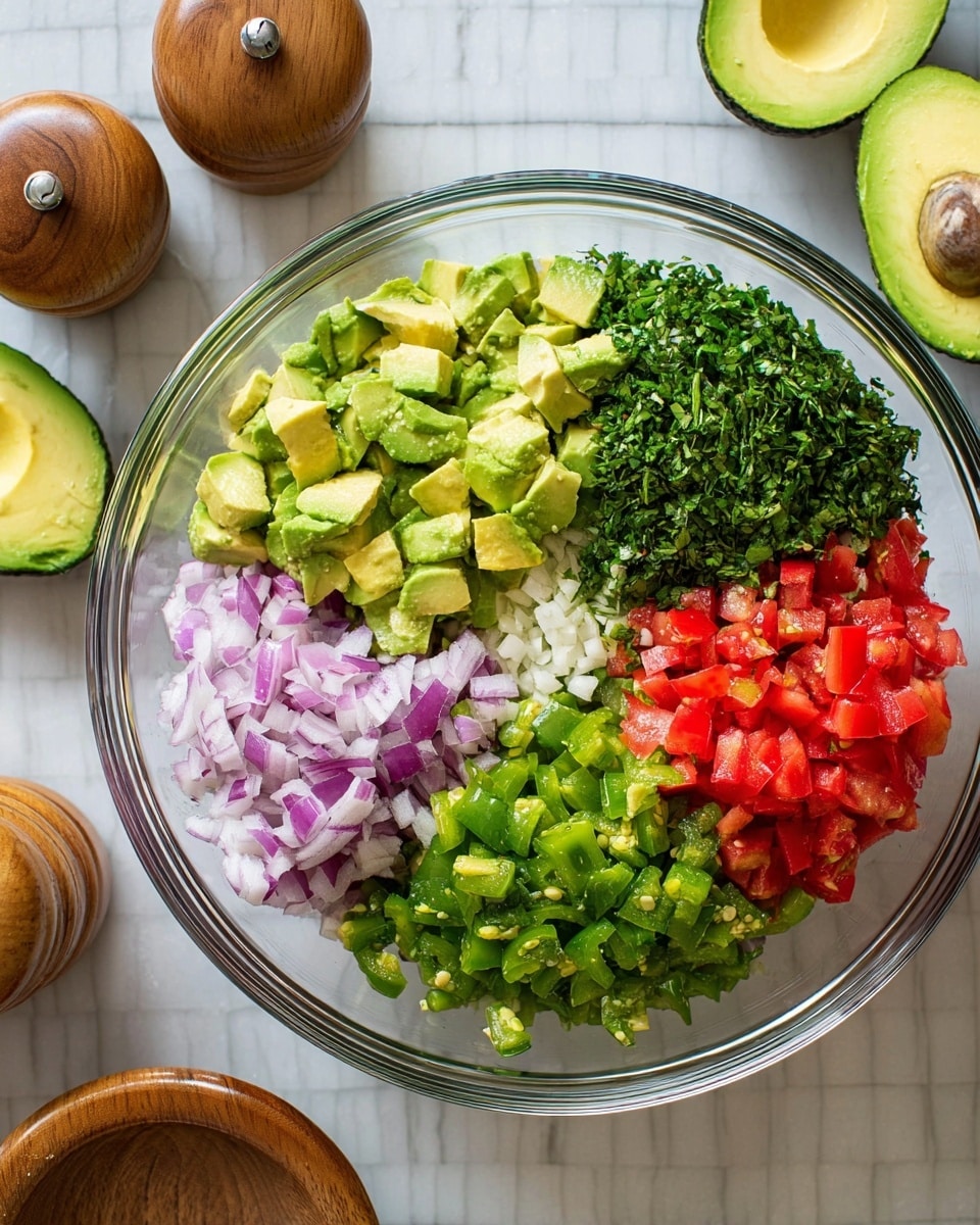 A clear glass bowl sits on a white marbled surface, filled with six distinct layers of fresh diced ingredients arranged in sections. The top left section contains light green diced avocado with smooth, soft texture, some pieces showing a sliced pattern. To the right of the avocado is a finely chopped pile of dark green leafy herbs with a slightly coarse texture. Below the herbs is a bright green layer of diced jalapeño peppers, smooth and shiny. The bottom center section holds vibrant red diced tomatoes with a juicy appearance. To the left of the tomatoes is a layer of chopped purple-red onions with a glossy, slightly translucent look. In the middle, between these layers, is a small pile of minced white garlic. Around the bowl on the white marbled surface are two halves of an avocado, a wooden container, and pepper shakers. Photo taken with an iphone --ar 4:5 --v 7