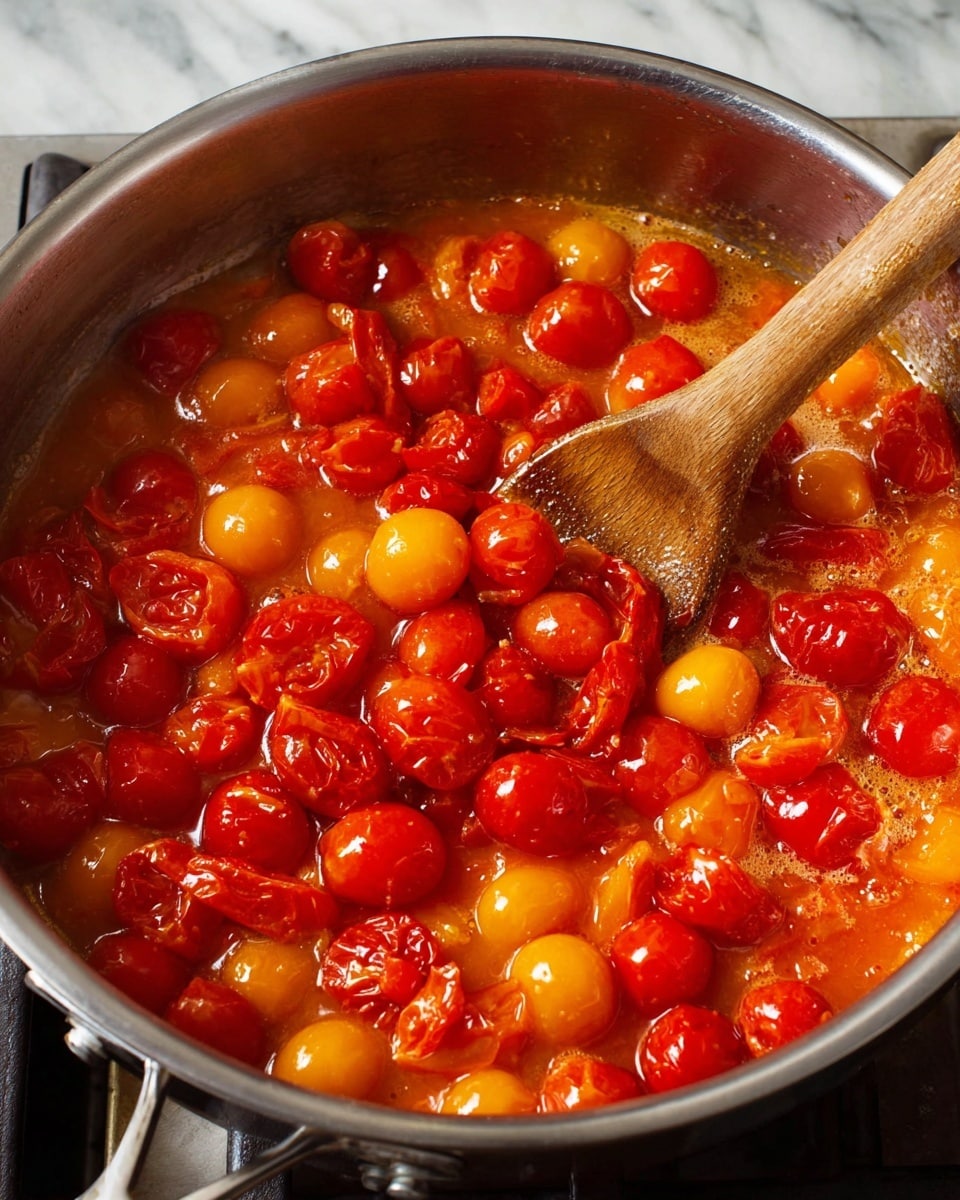 A close-up view of a stainless steel pan filled with a mixture of red and yellow cherry tomatoes cooking in a thick orange-red sauce. The tomatoes vary in size and are both whole and partly broken down, creating a textured surface with a mix of smooth, shiny tomato skins and soft, cooked tomato pieces. In the pan, a wooden spoon is stirring the sauce, showing its light brown, natural wood grain. The pan sits on a stove, and the sauce looks hot and bubbling. The background has a white marbled texture. photo taken with an iphone --ar 4:5 --v 7
