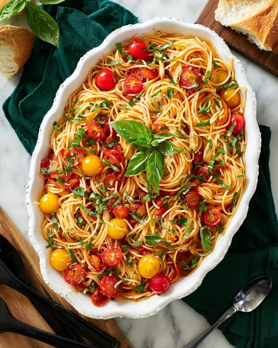 A white bowl filled with spaghetti pasta mixed with yellow and red cherry tomatoes, topped with dollops of white ricotta cheese, scattered green basil leaves, and sprinkled with grated cheese. The noodles are slightly shiny with a light sauce, and there are some black pepper flakes. On the right side inside the bowl, there is a fork and spoon partially resting in the pasta. Next to the bowl on the left is a torn piece of crusty bread placed on a wooden board, with green basil leaves adding a fresh touch. On the top right corner of the wooden board is a small round wooden bowl filled with finely grated white cheese. The setting is on a white marbled surface with a green cloth napkin near the bowl. photo taken with an iphone --ar 4:5 --v 7