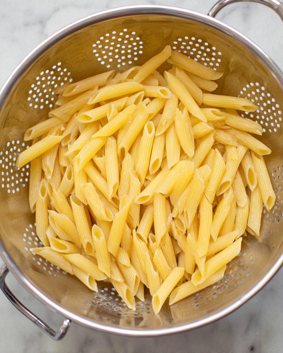 A close-up image shows a metal colander filled with cooked penne pasta. The penne is light yellow in color, smooth with slight ridges running along each piece, and is arranged in a loose, piled layer inside the colander. The colander's round shape and perforated texture are visible around the edges, with its silver metal handles partially seen on the sides. The entire scene sits on a white marbled texture surface. photo taken with an iphone --ar 4:5 --v 7
