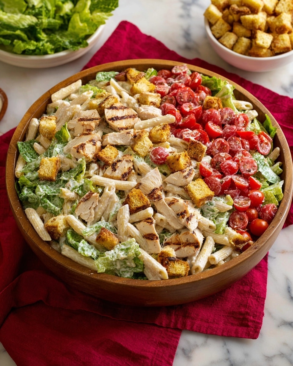 This image shows a bowl filled with a colorful pasta salad consisting of four main layers: the bottom layer has creamy penne pasta in a light off-white color, scattered throughout are pieces of grilled chicken with golden brown edges, followed by a mix of fresh green romaine lettuce leaves, and bright red cherry tomatoes sliced in halves. There are multiple crunchy croutons in golden brown tones sprinkled on top, and the entire salad is dressed with a creamy white sauce and sprinkled with finely grated Parmesan cheese and green herbs. The bowl is wooden and placed on a white marbled surface. Photo taken with an iphone --ar 4:5 --v 7
