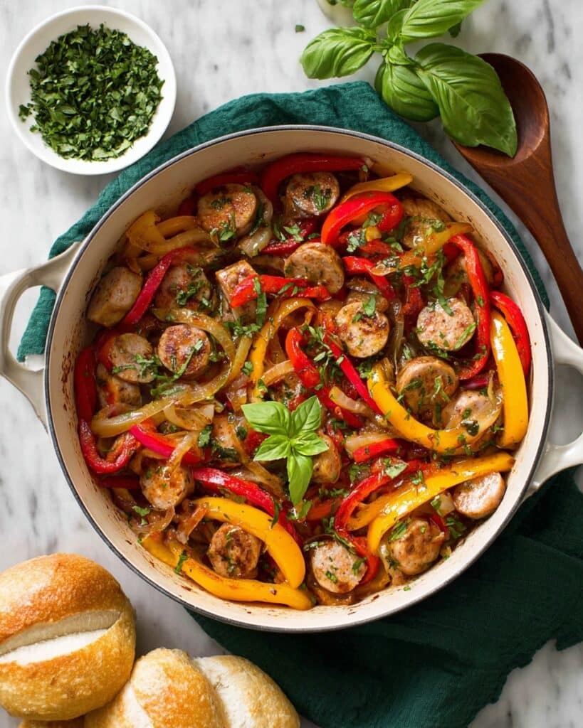 Sausage and Peppers Skillet with Basil and Parmesan Recipe