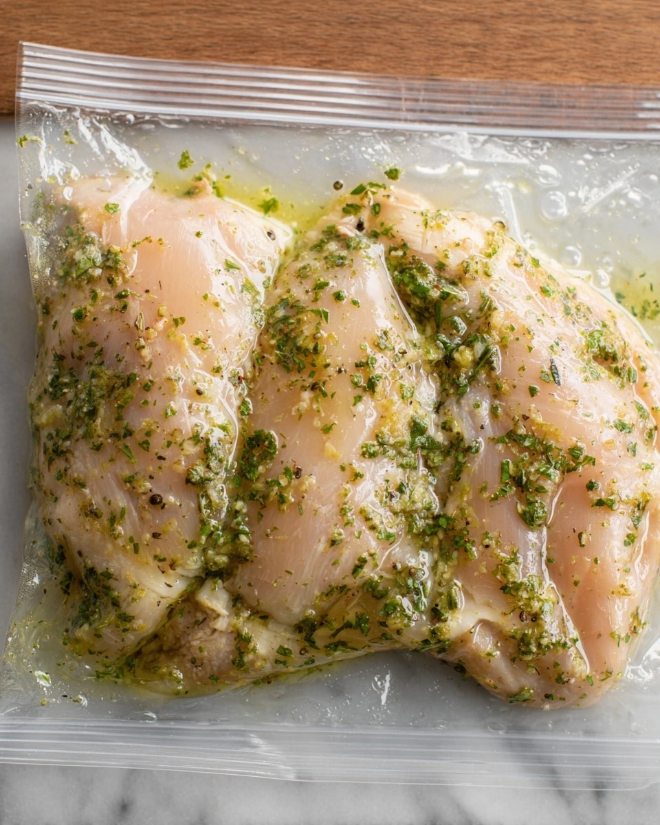 A clear plastic sealed bag lies flat on a white marbled surface, containing three large, pale raw chicken pieces soaked in a light green marinade with visible flecks of chopped herbs and black pepper evenly spread throughout. The marinade gives the chicken a glossy, slightly wet texture with some air bubbles trapped inside the bag. The herbs are small and scattered, allowing the light pinkish-beige chicken color to show through clearly beneath the marinade photo taken with an iphone --ar 4:5 --v 7