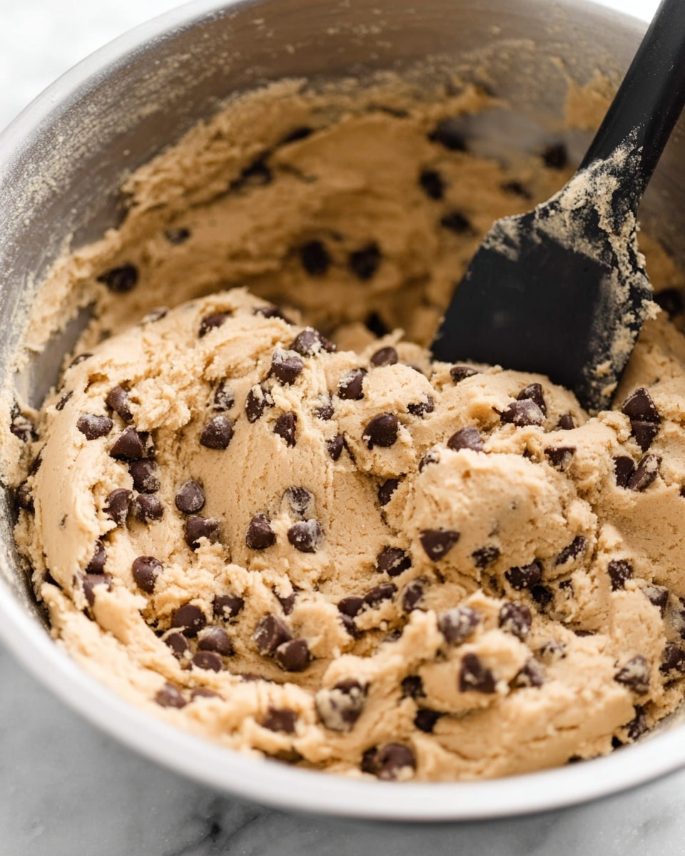 A close-up view of a large metal bowl filled with light brown cookie dough mixed with many dark brown chocolate chips. The dough has a soft and slightly rough texture with some of it gathered along the sides of the bowl. A black spatula with white dough on its edge rests inside the bowl, leaning against the side. The background is a white marbled texture. photo taken with an iphone --ar 4:5 --v 7
