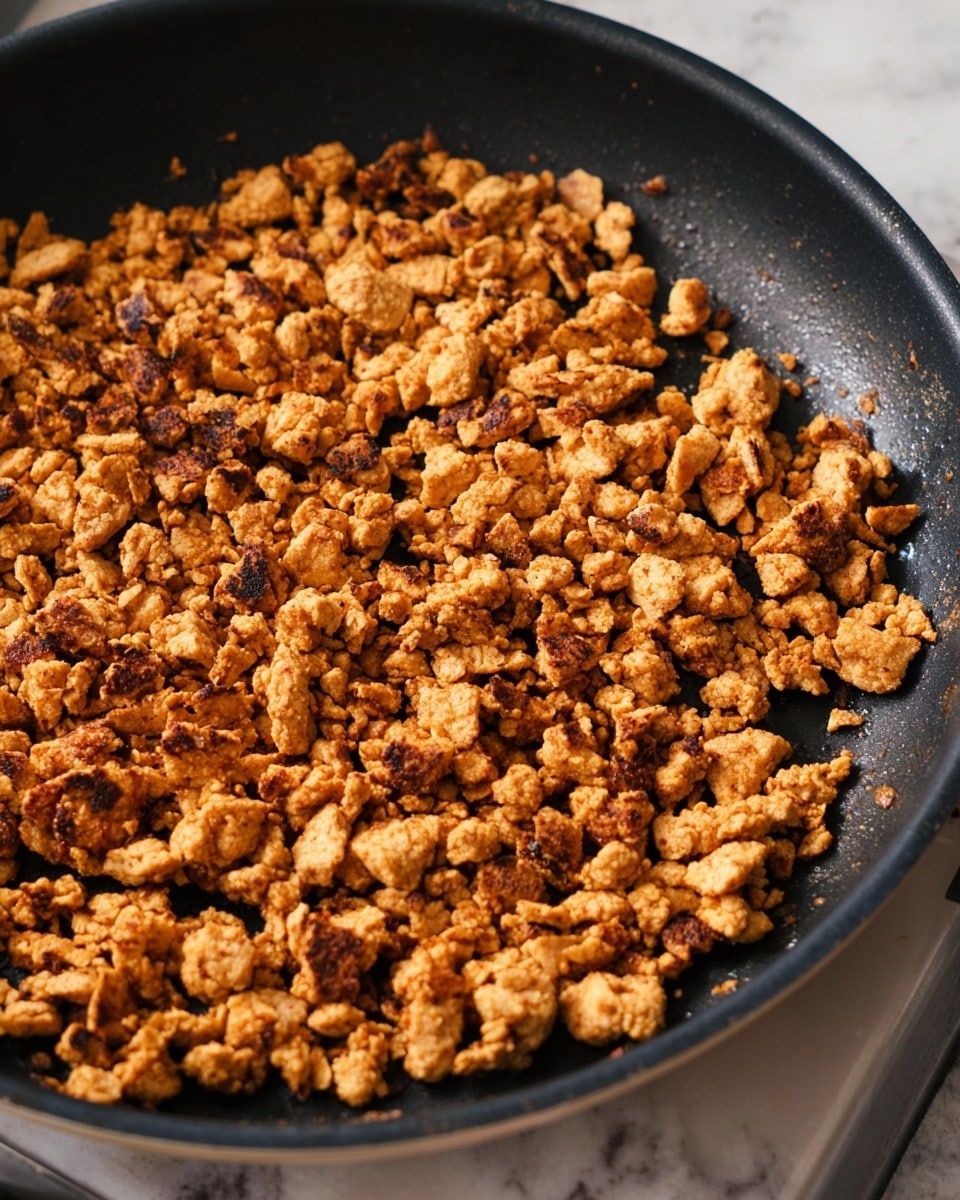 A close-up of a black frying pan filled with cooked crumbled textured pieces that are golden brown with darker toasted spots. The pieces cover the pan evenly, showing different shapes and sizes with a rough and crispy texture. The pan is on a stovetop with a metallic surface and a white marbled texture background. Photo taken with an iphone --ar 4:5 --v 7
