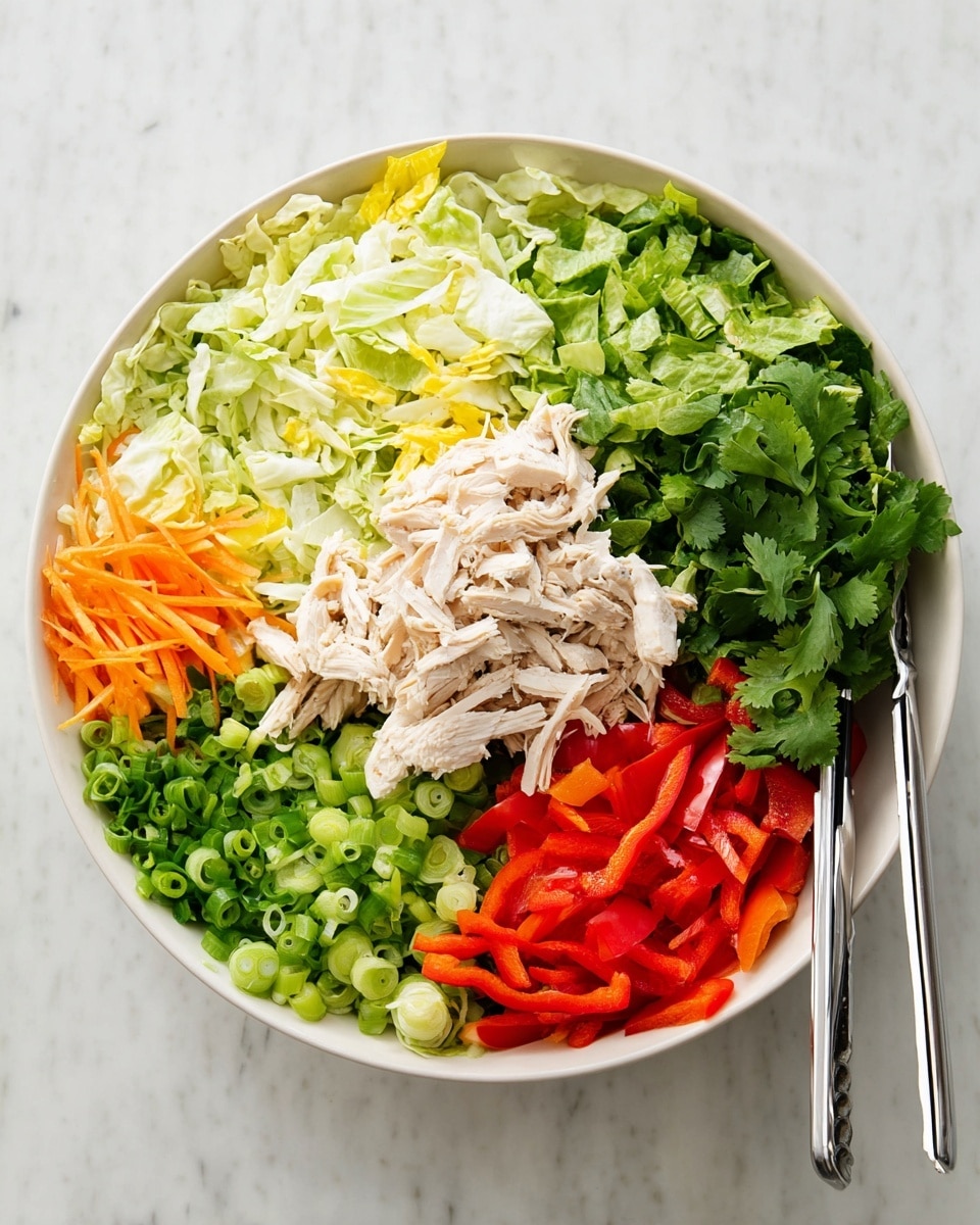A large white bowl sits on a white marbled surface, filled with six distinct layers of fresh ingredients carefully placed side by side. Starting from the top left, there is shredded pale green cabbage with a light yellow center, next to it is a pile of chopped dark green romaine lettuce. Below the lettuce is a bunch of green cilantro leaves, followed by rings of bright green sliced scallions at the bottom right. At the bottom center, there are thin strips of bright orange carrots, next to vivid red sliced bell peppers on the bottom left. In the middle of the bowl, on top of the vegetable layers, is a mound of white shredded cooked chicken. A pair of stainless steel tongs rests to the right of the bowl. Photo taken with an iphone --ar 4:5 --v 7