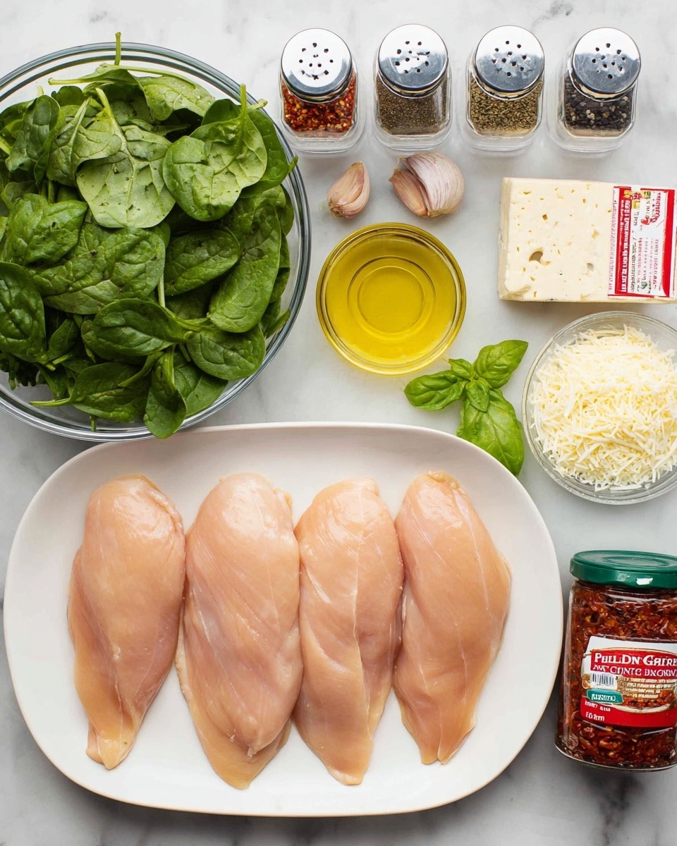 The image shows four raw chicken fillets laid out side by side on a white oval plate in the center, each with a smooth, pale pink color. To the left of the plate, there is a clear glass bowl filled with fresh, dark green spinach leaves with visible veins and a small bunch of bright green basil leaves below it. Next to the greens is a small glass cup of light golden olive oil, and a single garlic clove is positioned above. Above the chicken, there are three spice containers in a row with clear bodies and silver lids holding black pepper, red pepper flakes, and dried oregano, respectively. To the right of the spices, two cheese blocks are placed next to each other—one is a white block of feta cheese with a yellow label, and the other is a red and white pack of shredded mozzarella cheese. Finally, on the far right, there is a jar of sun-dried tomatoes with a dark red content and a green lid. The entire setup is on a white marbled surface. Photo taken with an iphone --ar 4:5 --v 7