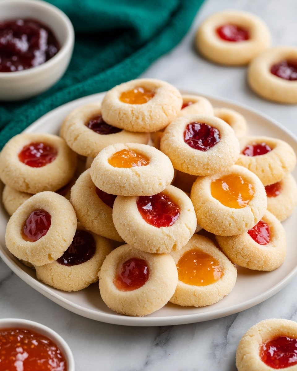A silver baking tray inside an oven holds twenty small round cookies arranged in four rows and five columns on light brown parchment paper. Each cookie is pale beige with a smooth texture and has a small round well in the center filled with jam. The jam colors alternate between deep red and orange-yellow, with the red jam in most cookies on the left two columns and orange jam on the right two columns. The warm oven light casts a soft glow, highlighting the even spacing and slight puffiness of the cookies. photo taken with an iphone --ar 4:5 --v 7