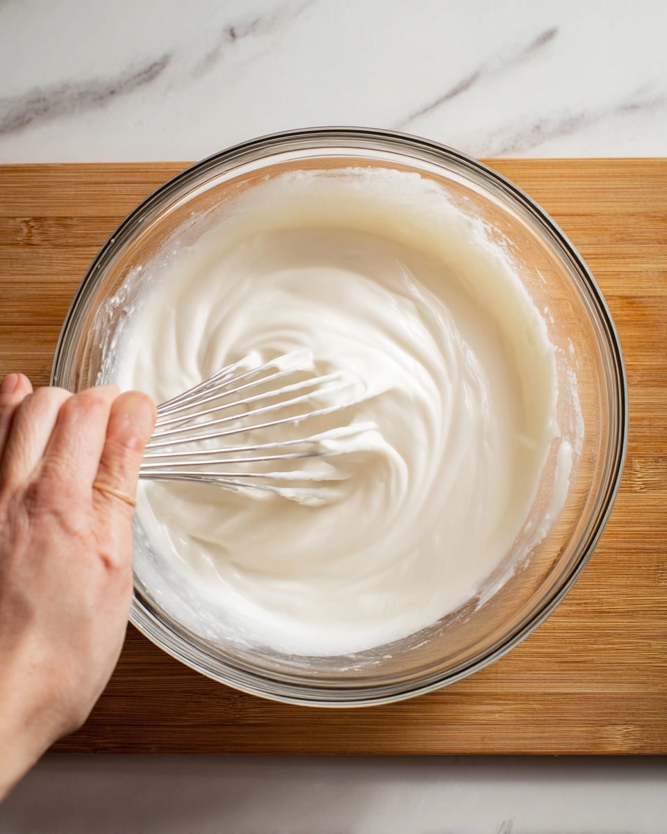 A clear glass bowl filled with smooth, thick white cream is being whisked inside. The cream has a shiny and soft texture, with gentle folds created by the whisk. A woman's hand is holding the bowl steady on the left side, while the other hand is using a metal whisk to stir the cream in the center. The bowl is placed on a wooden surface, with a white marbled texture visible around it. The overall scene shows motion in the cream as it thickens, with soft natural light highlighting the textures and layers. photo taken with an iphone --ar 4:5 --v 7