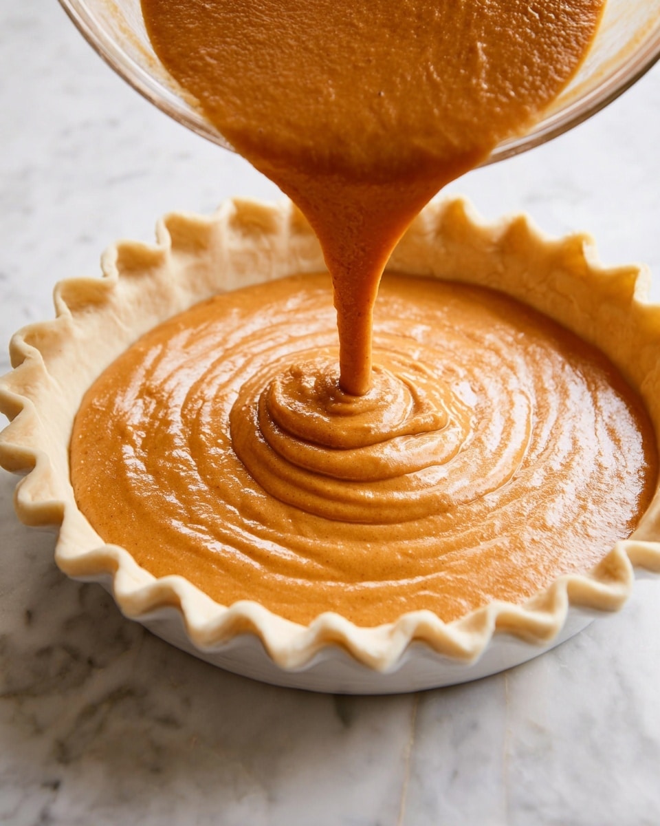A white pie crust with a crimped edge sits in a round pie dish on a white marbled surface. A smooth, thick orange-brown pumpkin filling is being poured from a glass bowl into the center of the crust, creating a swirled ripple effect as it fills the dish. The texture of the filling is dense and creamy. Photo taken with an iphone --ar 4:5 --v 7