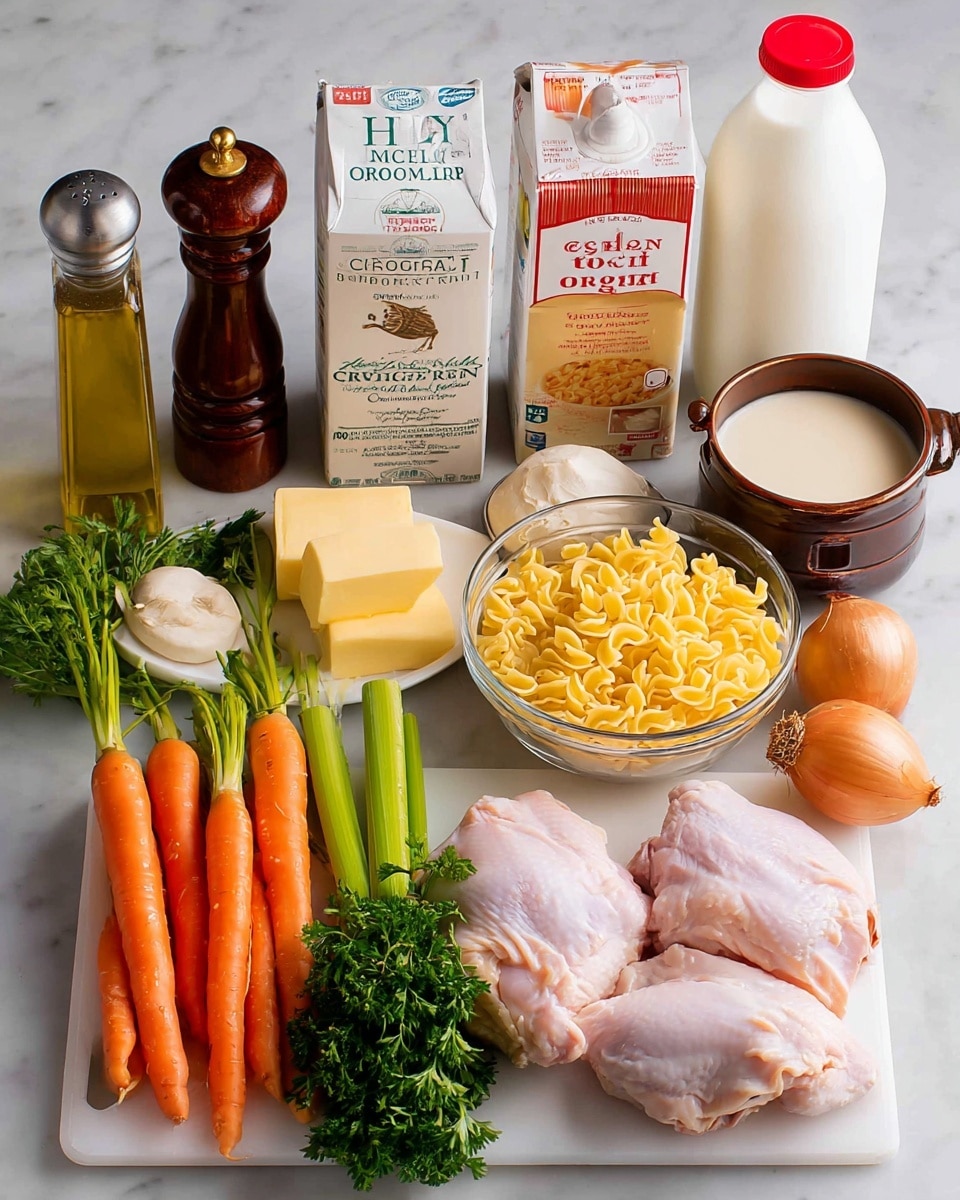 The image shows raw chicken pieces placed on a white chopping board in the front right corner. Next to the chicken, there are fresh yellow carrots, green celery sticks, and some garlic cloves. Behind these, there are two sticks of butter stacked on each other, a bunch of thyme, and a whole brown onion. Toward the back, three cartons are lined up: heavy whipping cream in a white carton with red text, low sodium organic chicken broth in a brown and cream carton, and a large bottle of milk with a red cap. On the right side, a clear bowl filled with yellow egg noodles sits on top of a white flour container with a dark wooden lid. A small bunch of fresh green parsley lies next to the flour container. On the far left, there is a pepper grinder, a salt shaker, and a glass bottle of olive oil with a gold spout. All items are arranged neatly on a white marbled surface against a light marble background. photo taken with an iphone --ar 4:5 --v 7