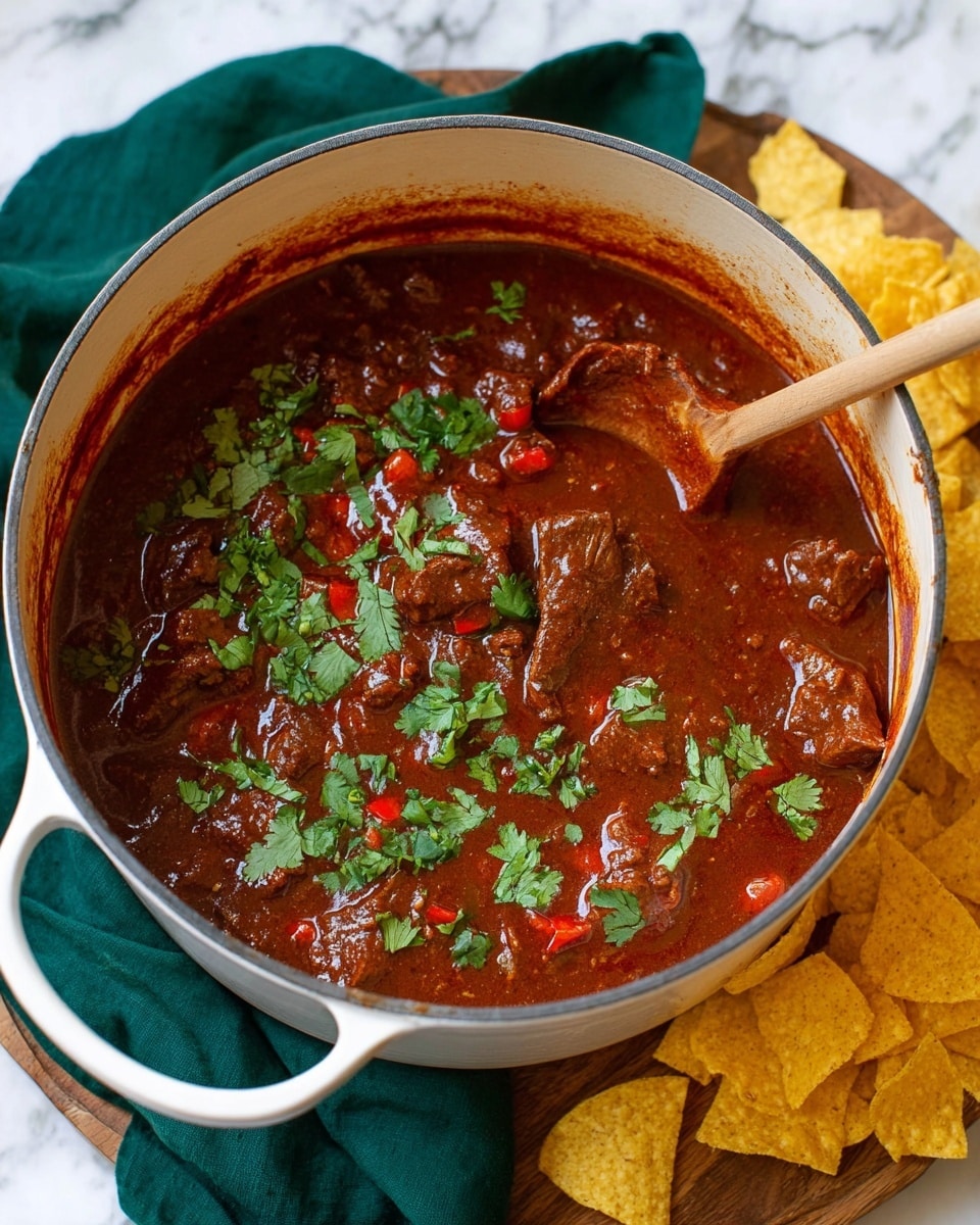 A white pot filled with thick, dark red stew with visible chunks of meat and small pieces of red peppers throughout. The stew is topped with chopped green cilantro leaves that add a fresh contrast. A wooden spoon with some stew on it rests inside the pot on the right side. The pot sits on a dark green cloth, placed on a wooden round board. Around the pot are some yellow tortilla chips scattered on a white marbled surface. The photo taken with an iphone --ar 4:5 --v 7