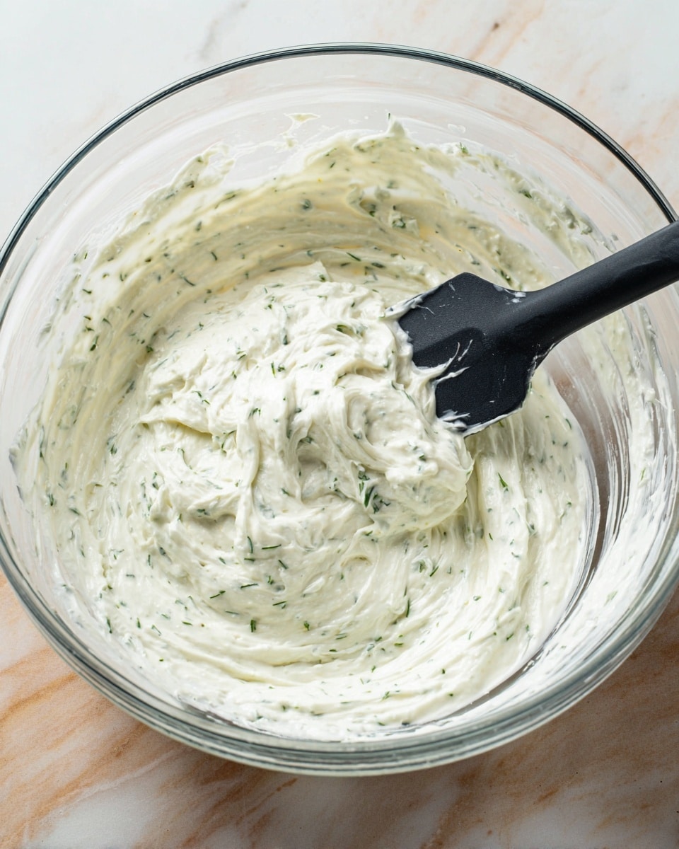 A large clear glass bowl sitting on a white marbled surface, filled with a thick creamy white mixture that has small green herb pieces mixed evenly throughout. A black spatula with a matte texture is placed inside the bowl, resting on the left side with some of the creamy mixture on it. The cream looks smooth and fluffy with soft peaks and swirls made by stirring. Photo taken with an iphone --ar 4:5 --v 7