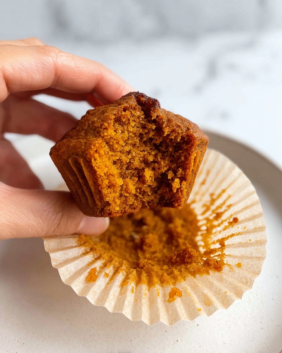 A close-up image shows a bitten small muffin with a rich orange-brown color and a soft, moist texture, held by a woman's hand on the left side of the frame. The muffin is placed on an open light beige paper liner with visible crumbs scattered around it. The scene has a white plate beneath and a white marbled surface in the background, giving a clean and bright look. The lighting highlights the muffin's details and crumb structure. photo taken with an iphone --ar 4:5 --v 7