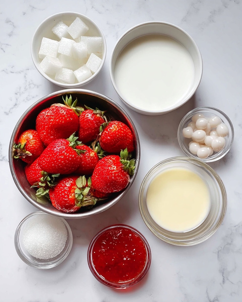 The image shows a top-down view of seven small bowls placed on a white marbled surface. In the center is a metal bowl filled with fresh, bright red strawberries with green leaves. To the left of it is a white bowl containing small white jelly cubes soaking in clear liquid. Above that is another white bowl filled with white coconut milk. Next to it on the right is a white bowl with cream-colored coconut milk. To the far right are three small clear glass bowls; one contains a red strawberry jam, another has small white balls of tapioca, and the last one holds a pale yellow creamy liquid. The setup is evenly spaced and well-lit, creating a fresh and clean look photo taken with an iphone --ar 4:5 --v 7