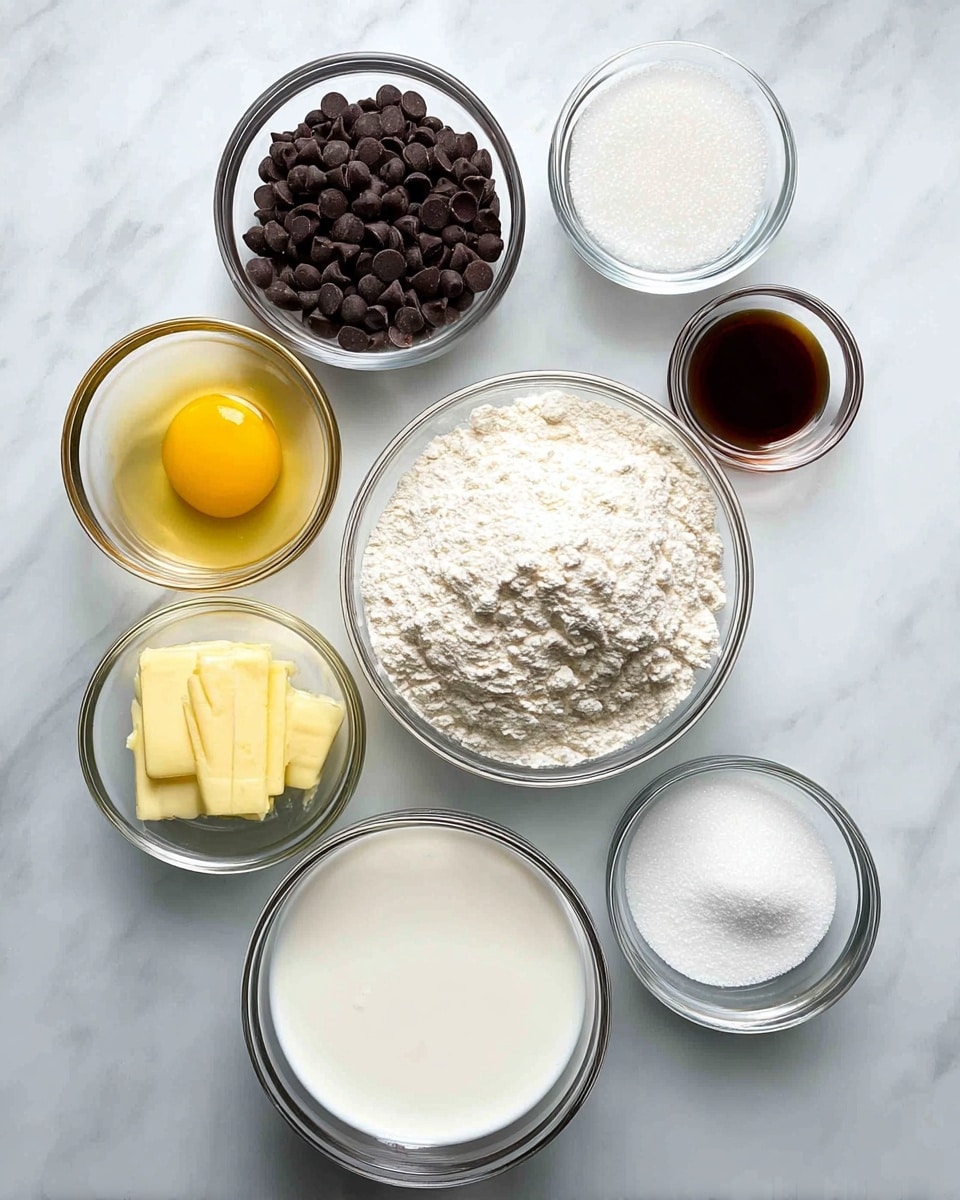 The image shows eight small clear glass bowls arranged on a white marbled surface. The largest bowl at the bottom center is filled with white milk, smooth and reflective. To the right of this, a tiny bowl holds dark brown vanilla extract. Above it, a medium bowl is full of dark chocolate chips, round and shiny. Near the top center, the biggest bowl contains white flour with a slightly lumpy texture. Left of the flour, a bowl has a whole raw egg with a yellow yolk and clear egg white. Between the egg and milk, another bowl holds melted butter, yellow and glossy. Below the egg, a small bowl contains white baking powder, fine and powdery. To the right of baking powder, a bowl filled with white granulated sugar sits smooth. At the top right corner, a tiny bowl holds white salt crystals. Everything rests neatly on the white marbled texture. Photo taken with an iphone --ar 4:5 --v 7