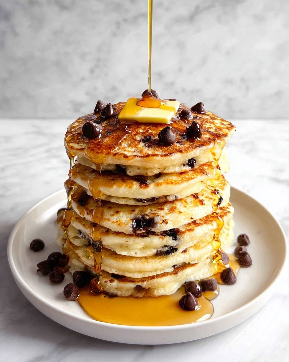 A single round pancake with a golden-brown top is cooking in a dark non-stick pan. The pancake is about one layer thick with a soft, fluffy texture visible at the edges. Small bits are embedded inside the batter, creating some irregular spots on the light, creamy surface beneath the golden color. The pan's surface has a smooth, slightly shiny look. The setting is on a white marbled table or counter, softly lit in natural light. Photo taken with an iphone --ar 4:5 --v 7