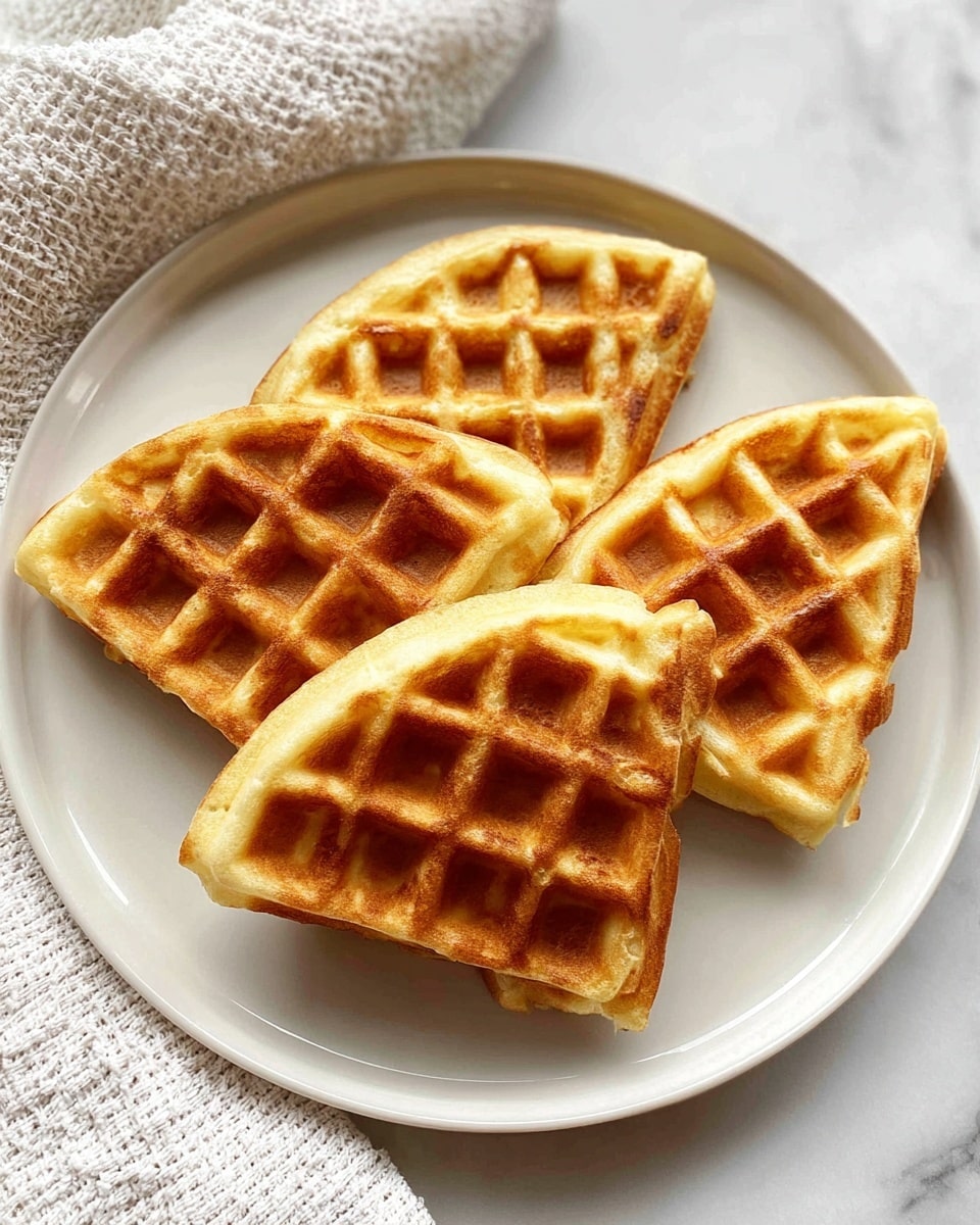 The image shows a round waffle in a black waffle maker, divided into four equal triangular pieces. The waffle has a golden brown top with a grid pattern from the waffle maker that creates small square pockets. Each triangle is fluffy with a slightly crispy edge and a soft, light yellow inside. The waffle maker rests on a white marbled surface. The light shines evenly on the waffle, highlighting its texture and warm color. photo taken with an iphone --ar 4:5 --v 7