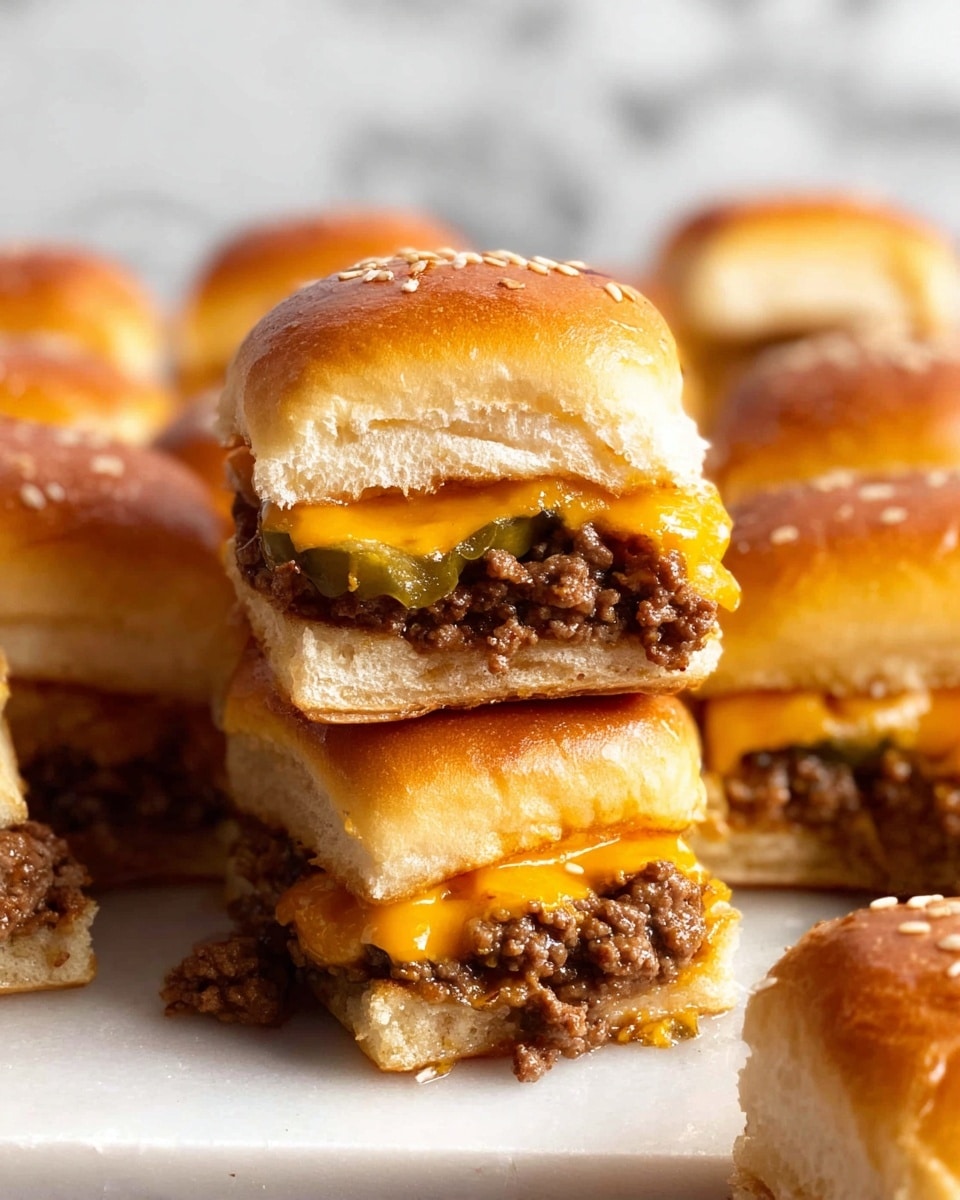 The image shows a close-up of mini cheeseburger sliders stacked on a white marbled surface. Each slider has three layers: a soft golden top bun with sesame seeds, a middle layer of melted bright orange cheese oozing slightly, and a thick layer of browned, crumbled ground beef. Beneath the beef, a sliced pickle layer adds a green contrast just above the soft white bottom bun. Multiple sliders are crowded together, with one slider balanced slightly above another, highlighting the juicy filling and glossy bun texture. Photo taken with an iphone --ar 4:5 --v 7
