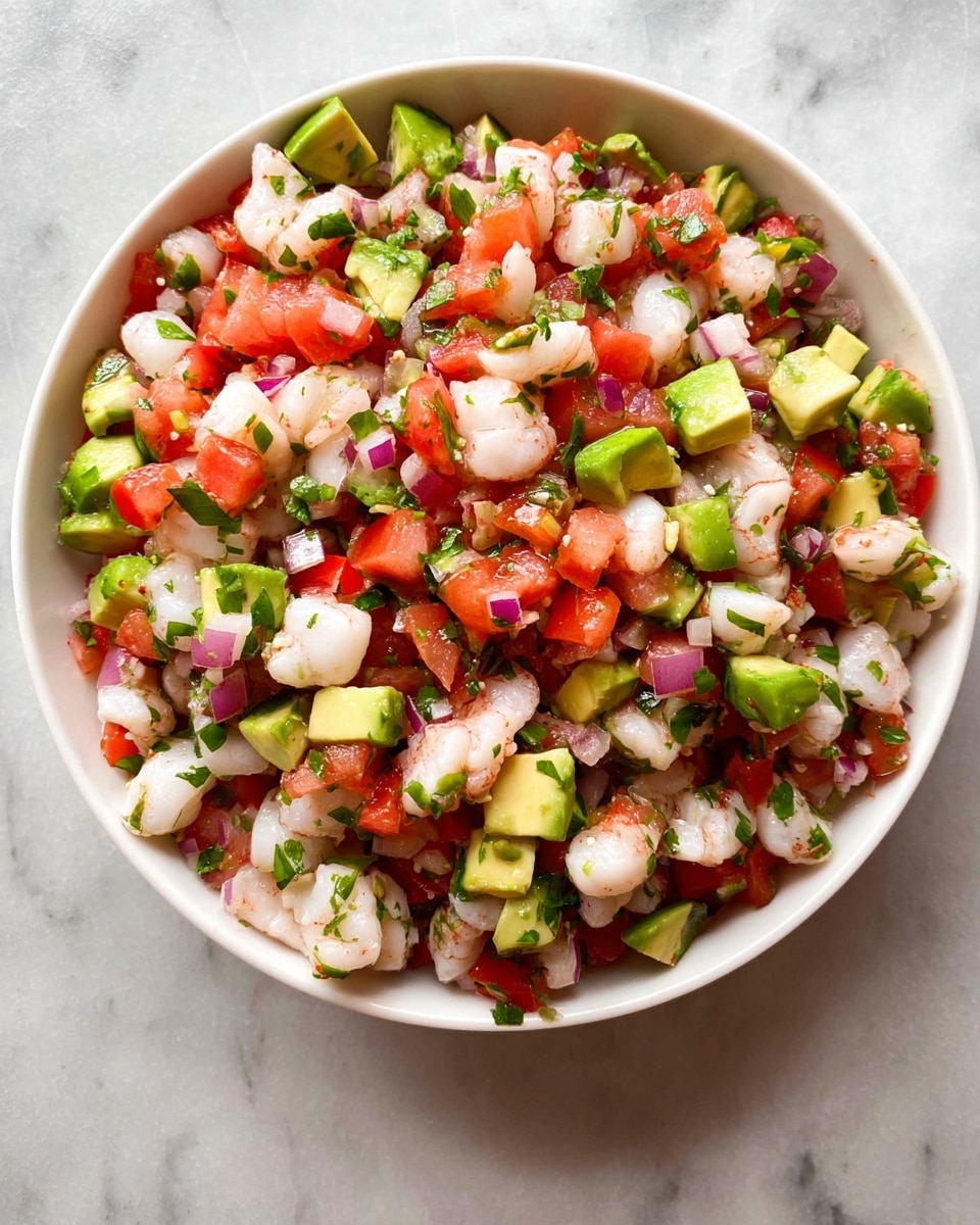 A shiny metal bowl filled with a mixture of small white seafood pieces, bright red diced tomatoes, and chunks of green avocado, all finely chopped and mixed evenly. Small bits of green herbs and tiny pieces of red onion are scattered throughout, giving a fresh and colorful look. A silver spoon rests inside the bowl, placed on a white marbled surface with soft lighting highlighting the textures and colors of the ingredients. photo taken with an iphone --ar 4:5 --v 7
