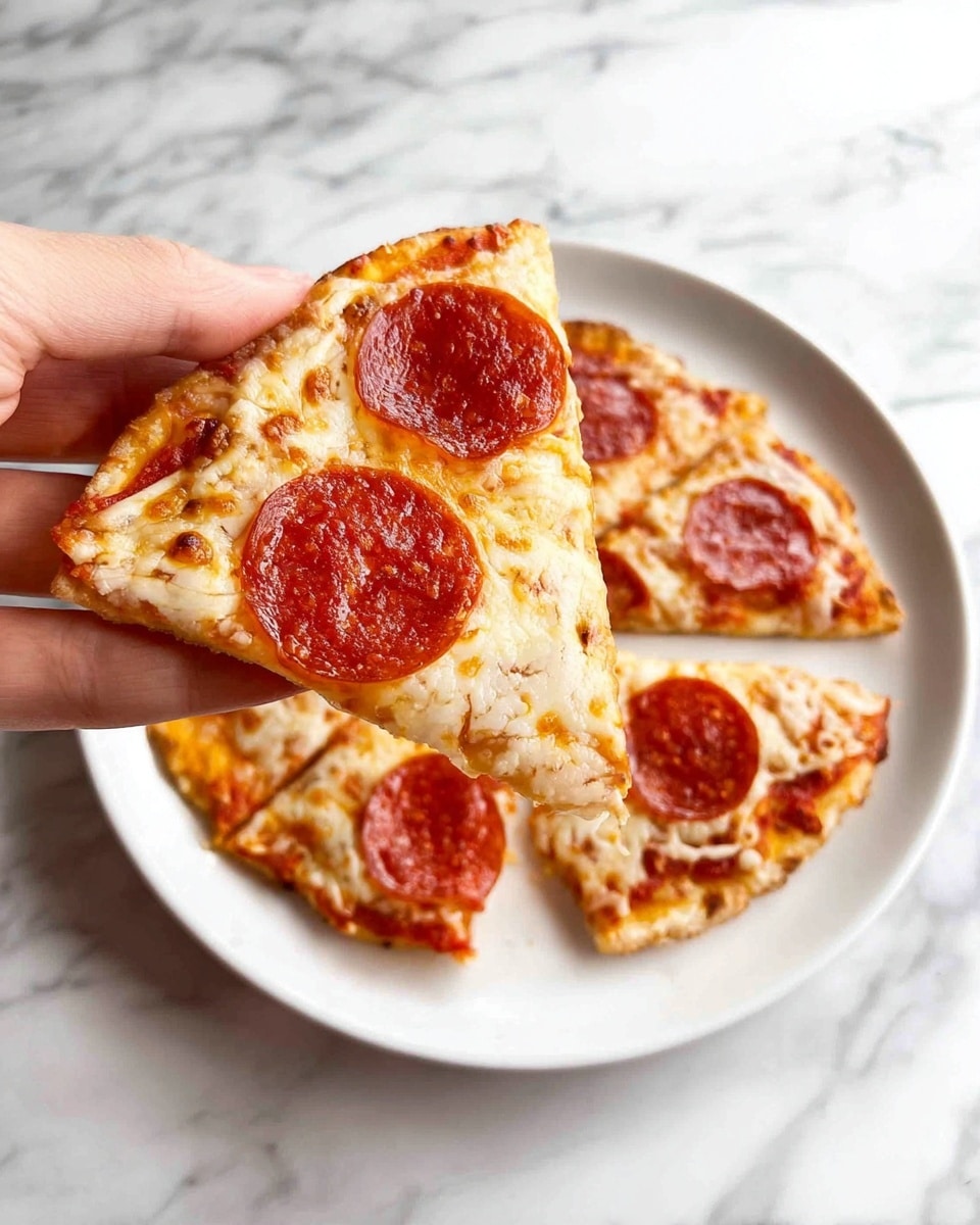A slice of pepperoni pizza is held by woman's hand above a white plate with the rest of the pizza cut into slices. The pizza has a thin, golden-brown crust with a slightly crispy edge. It has a layer of melted cheese that is creamy white with some light brown spots where it has melted and baked. On top of the cheese are round, reddish-brown pepperoni slices with a slight sheen and small dotted white spots on them. The background is a white marbled surface. photo taken with an iphone --ar 4:5 --v 7