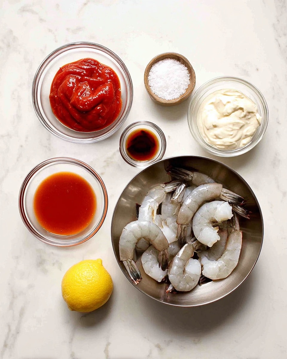 A white marbled surface shows a collection of ingredients arranged neatly, including a metal bowl filled with raw gray shrimp with tails on the right side; on the left side are six glass bowls with different contents: a bowl of bright red ketchup-like sauce, a smaller bowl of thick red sauce, a bowl of creamy white sauce with a light texture, a bowl of coarse white salt, a small bowl of dark brown liquid, and a tiny bowl with an orange-brown liquid. There is also a yellow lemon wedge positioned near the bowl of salt. The scene is well lit and clear, photo taken with an iphone --ar 4:5 --v 7