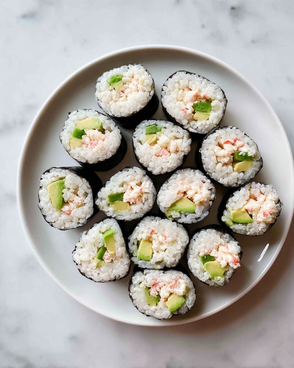 A full sushi roll is placed horizontally on a wooden cutting board with visible scratches. The sushi roll is wrapped in a shiny dark green seaweed layer, with the inner white rice layer peeking through the seven even vertical cuts along the roll. At the left end, some light green lettuce sticks out slightly from the roll. A metal knife with a clear blade is placed at the top right corner of the cutting board. The wooden board is set on a white marbled surface. photo taken with an iphone --ar 4:5 --v 7