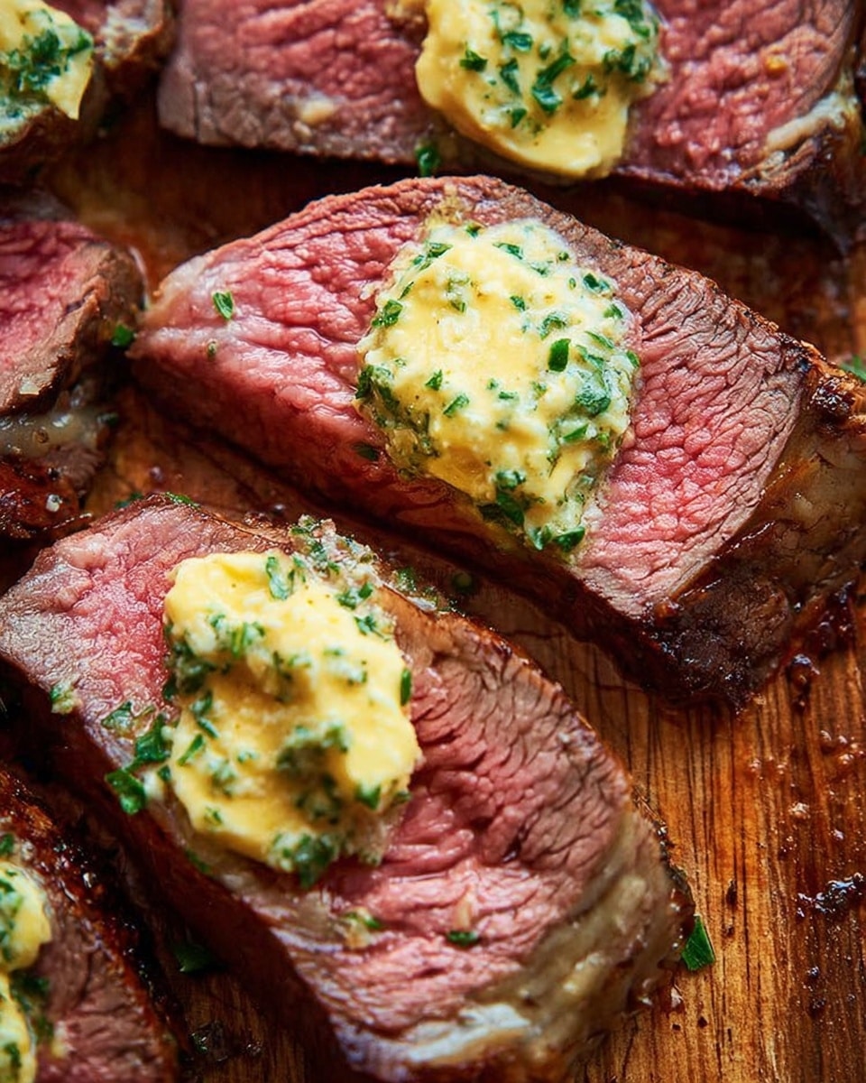 The image shows close-up slices of medium-rare beef with a pink center and a brown outer crust. Each slice has a dollop of creamy, yellow butter sauce on top, speckled with green herbs. The beef slices are layered on a wooden surface with visible grill marks and a rustic texture. The warm tones of the meat contrast with the bright butter sauce, highlighting the juicy and tender texture of the beef. photo taken with an iphone --ar 4:5 --v 7