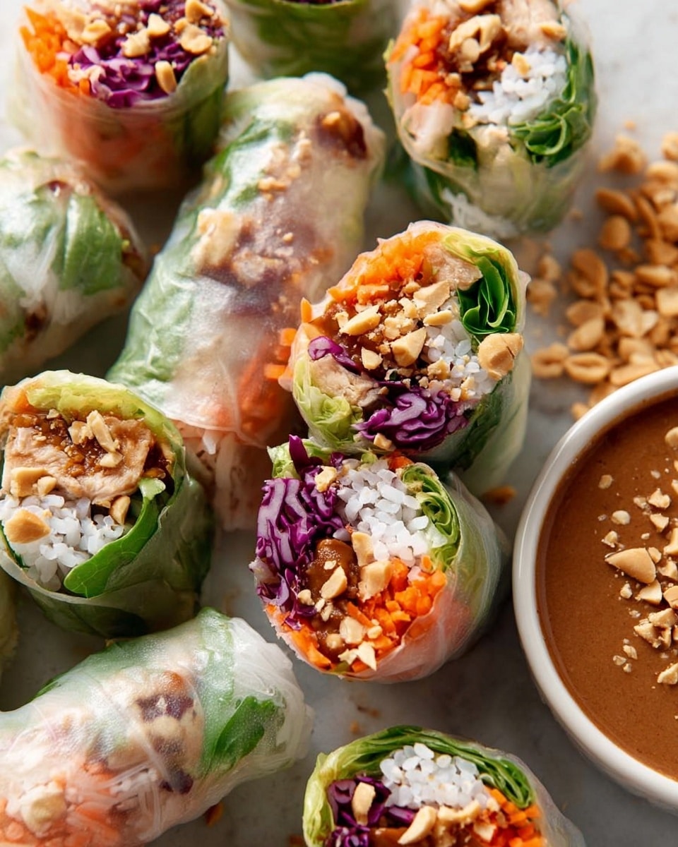A woman's hand holds a translucent rice paper roll filled with bright white rice noodles, thin green herbs, and crunchy purple cabbage, partially dipped into a thick, light brown peanut sauce topped with crushed peanuts, all set above a white marbled surface. A white textured bowl holds the sauce in the foreground with more spring rolls blurred softly in the background. The rice paper is shiny and thin, wrapping the colorful layered filling neatly. photo taken with an iphone --ar 4:5 --v 7