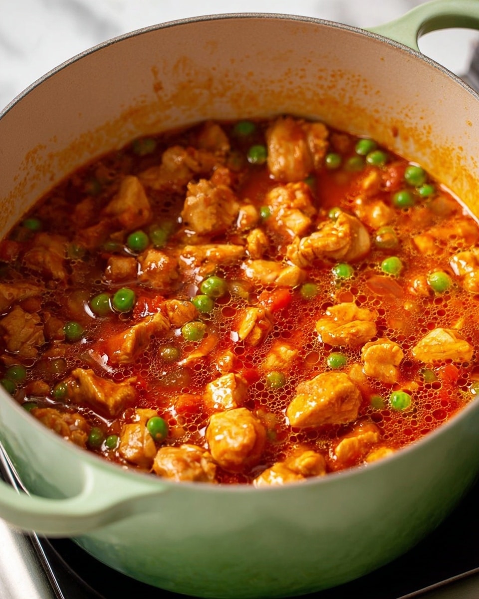 The image shows a light green pot filled with a stew-like dish containing many chunks of cooked chicken pieces in a rich reddish-orange sauce. Small bright green peas are scattered throughout the stew. The sauce looks thick and glossy, with small bubbles on the surface, giving it a hot and freshly cooked look. The pot is sitting on a stovetop with some light reflections on the edges, and the background is a white marbled texture. photo taken with an iphone --ar 4:5 --v 7