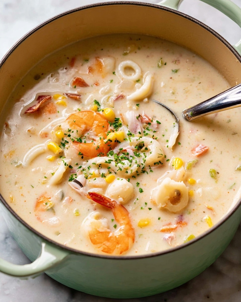 A close-up view of a light creamy soup inside a pale green pot, filled with various ingredients. The soup has a smooth white base and contains orange shrimp, small pink pieces resembling crab or fish, white squid rings, yellow corn kernels, and tiny green herb sprinkles on top. A shiny silver ladle is partly submerged in the soup at the side. The pot sits on a white marbled surface. photo taken with an iphone --ar 4:5 --v 7