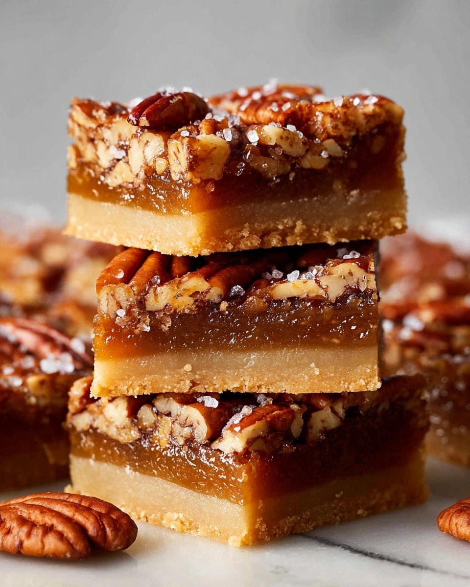 A square pecan dessert bar sits in a shallow baking tray lined with parchment paper. The top layer is rich and glossy with many whole, toasted pecans arranged evenly, showing their deep brown color and textured ridges. Below the pecans, a sticky, nut-studded layer with a dark caramel tone is visible, filled with smaller chopped nuts. The edges are slightly darker, showing a baked crispness. The tray rests on a soft light pink cloth, all placed on a white marbled surface. photo taken with an iphone --ar 4:5 --v 7