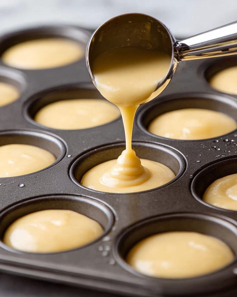 A close-up view of a dark metal mini muffin pan filled with smooth, light yellow batter in each small round cup. A metal scoop with a shiny handle is pouring more batter into one of the cups, showing a thick, creamy texture flowing down. The pan surface has a slight shine and small droplets of batter can be seen on it. The background is a white marbled texture. photo taken with an iphone --ar 4:5 --v 7