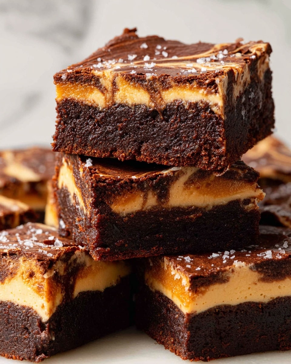 The image shows square pieces of brownies with a marbled top layer mixing dark brown chocolate and light brown peanut butter swirls. Some brownies are turned on their side, revealing three layers: a thick dark brown chocolate base, a bright orange peanut butter middle, and another dark brown chocolate layer on top, all sprinkled with coarse salt flakes. The brownies are arranged on a soft white marbled surface next to a white bowl filled with white powder. The photo has warm lighting and a close-up view. Photo taken with an iphone --ar 4:5 --v 7