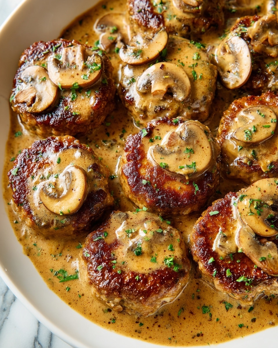 A white bowl filled with three dark brown meat patties placed on a soft bed of creamy beige mashed potatoes. The patties are covered with a light brown mushroom sauce that includes several light tan mushroom slices scattered on top and around the patties. To the left side of the bowl, there are bright green broccolini stalks adding a fresh contrast. The dish is garnished with small sprinkles of green herbs over the patties and sauce. The bowl is set on a white marbled surface with a silver spoon resting in the bowl near the bottom left corner. Photo taken with an iphone --ar 4:5 --v 7