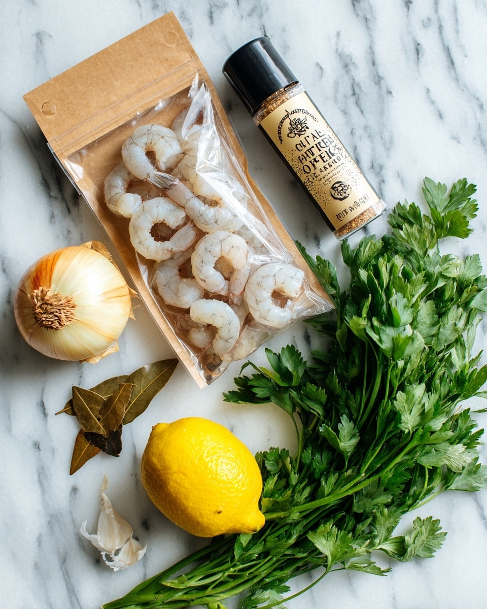 The image shows raw shrimp in a clear plastic bag with a light brown top section, placed on a white marbled surface. Next to the bag are a round, pale yellow onion with visible lines, a bright yellow lemon, a small clear bottle lying on its side with brown dried bay leaves inside, a tube of organic garlic paste with a black cap and a label showing garlic cloves, and a fresh bunch of leafy green parsley on the right side. photo taken with an iphone --ar 4:5 --v 7