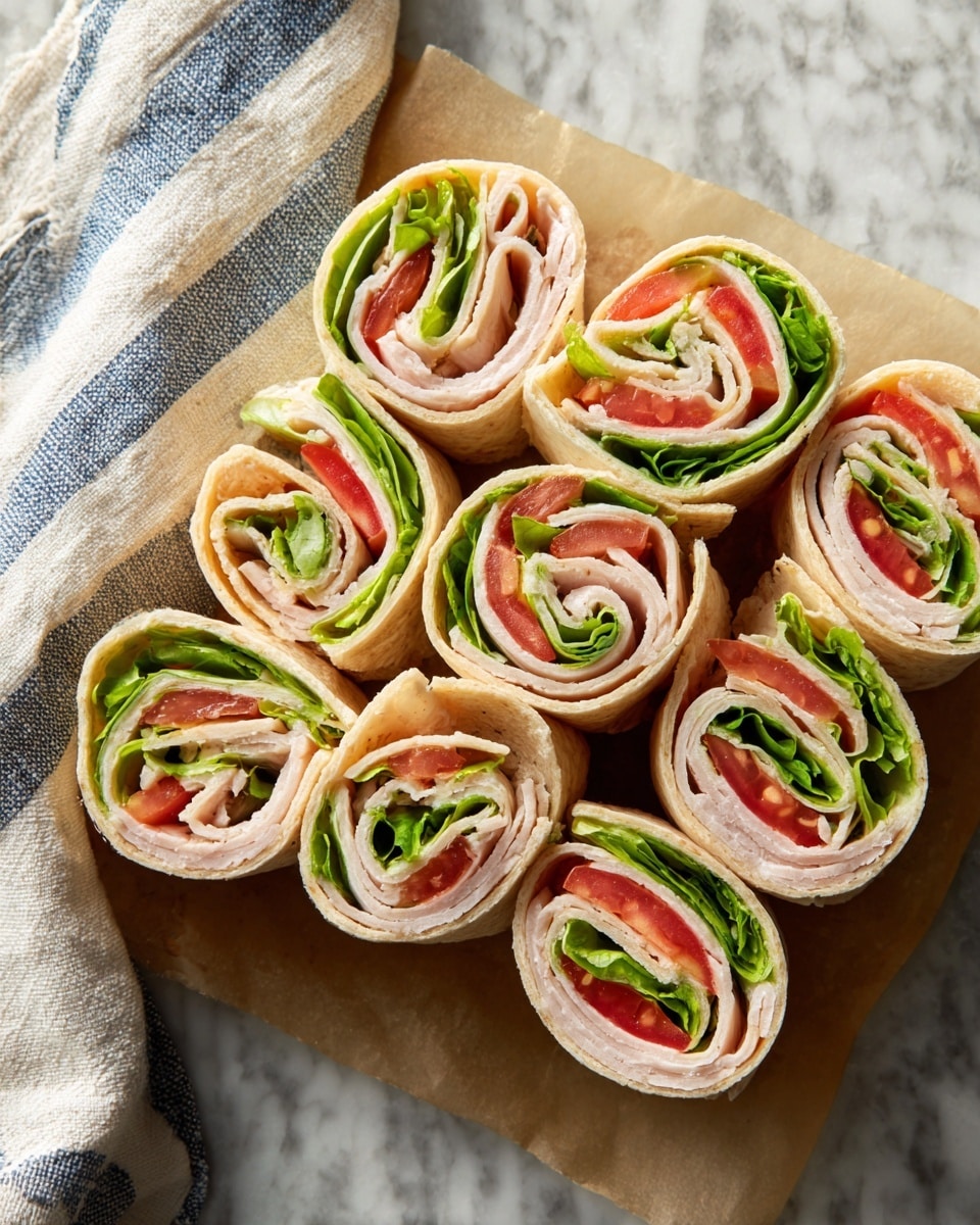 The image shows a close-up of ten rolled pinwheel sandwiches on a light brown parchment paper placed on a white marbled surface. Each sandwich has distinct layers starting with a light beige tortilla wrap on the outside, followed by slices of pale pink turkey meat, green leafy lettuce, and bright red tomato slices. The wraps are cut into uniform round spirals revealing the colorful layers inside. A piece of cloth with white and blue stripes is partially visible on the left side. The overall arrangement is casual and neat. Photo taken with an iphone --ar 4:5 --v 7