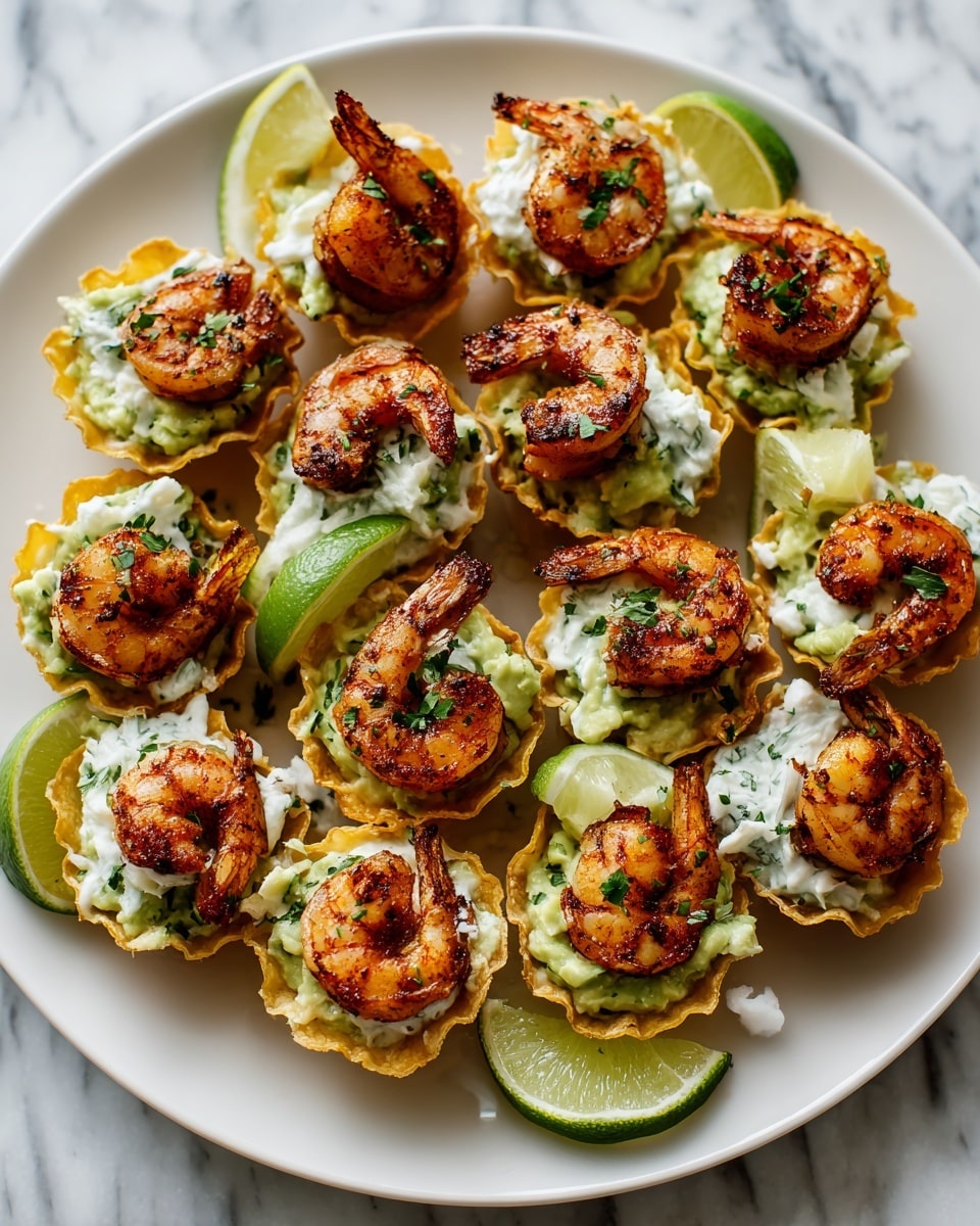 A close-up image of a woman's hand holding a single taco chip topped with one grilled shrimp that has a light golden brown color, fresh green chopped cilantro, and small white onion pieces on a creamy white sauce base. The taco chip is light yellow with a rough texture and star shape. In the background, there is a white plate with more taco chips topped with shrimp, cilantro, and onions, along with two lime halves with bright green flesh placed on a white marbled surface. Photo taken with an iphone --ar 4:5 --v 7