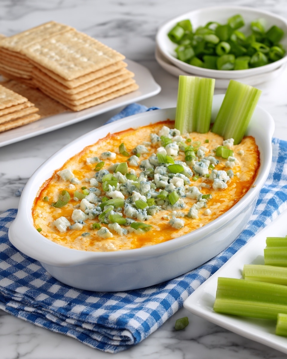 The image shows a white oval baking dish filled with a creamy orange spread, topped with small white and light blue crumb-like cheese pieces and chopped green onions scattered evenly on the surface. Two crisp celery sticks are placed standing upright at the back edge of the spread. Surrounding the dish are a white plate of fresh celery sticks to the right, a pile of square crackers on a white plate behind it, resting on a blue and white checkered cloth over a white marbled background. photo taken with an iphone --ar 4:5 --v 7