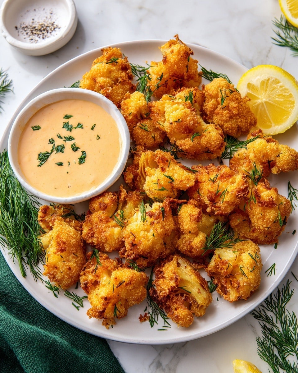 The image shows a white rectangular plate filled with small, round, golden-brown fried pieces, each with a rough and crispy texture. On the left side of the plate is a small white bowl containing a creamy white sauce sprinkled with black pepper, and just below it is a small wedge of bright yellow lemon. On the right side of the plate is another small white bowl filled with a pale orange sauce topped with green dill sprigs. The plate is set on a white marbled surface with a green textured cloth visible on the bottom left. The lighting highlights the warm color of the fried pieces, making the dish look fresh and tasty. photo taken with an iphone --ar 4:5 --v 7