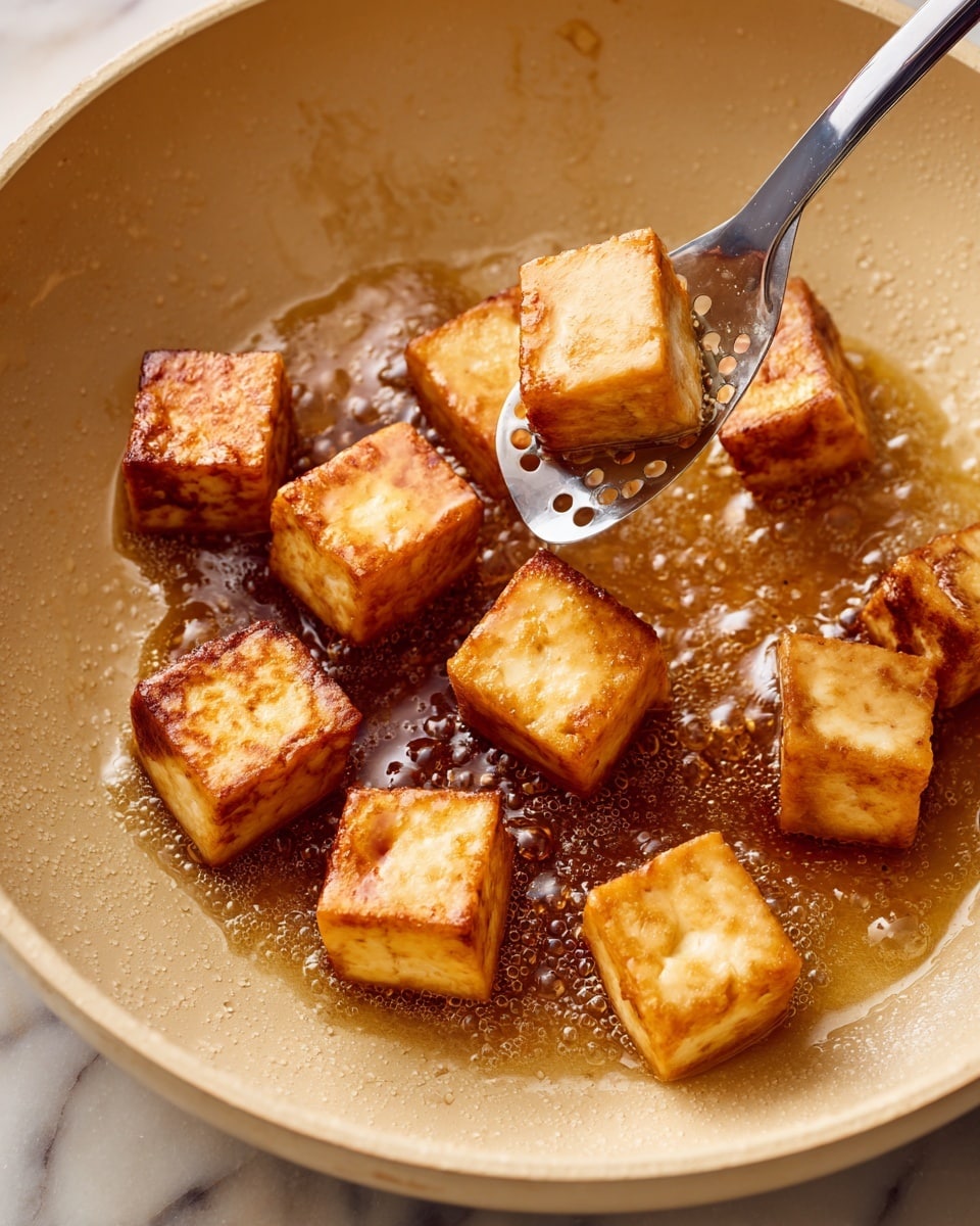 A close-up view of several golden brown tofu cubes frying in bubbling oil inside a deep, light beige pan with visible stains on the inner sides, a metal skimmer holding some tofu cubes above the oil, with a white marbled background behind. photo taken with an iphone --ar 4:5 --v 7